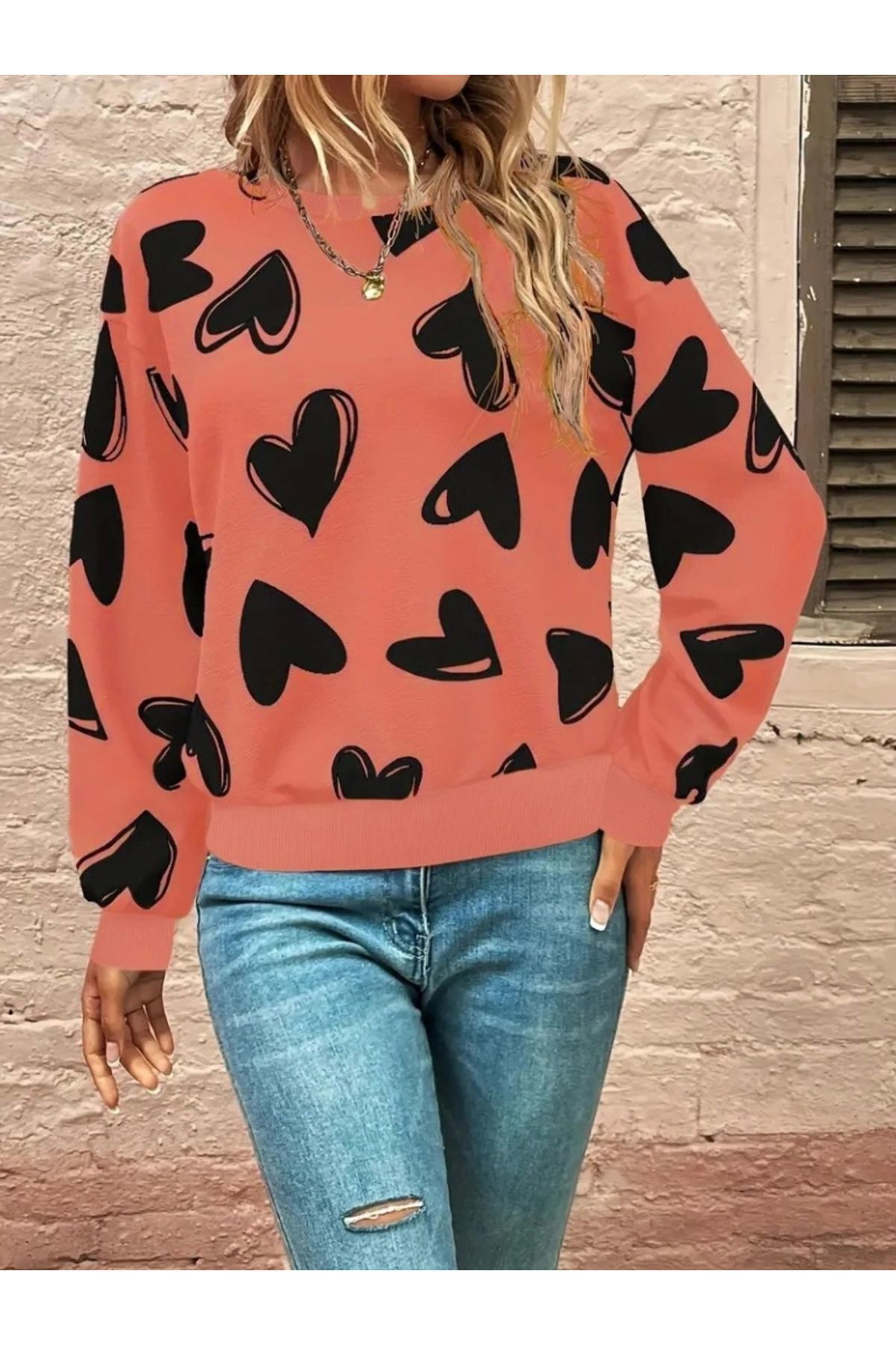 Kadın Uzun Kollu Bisiklet Yaka Kalp Desenli Iki Iplik Bluz