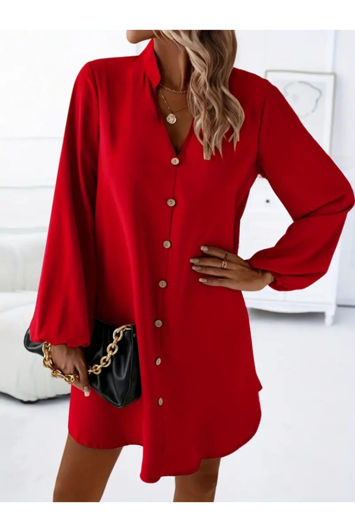 Kadın Uzun Kollu V Yakalı Önden Düğmeli Kısa Sandy Elbise