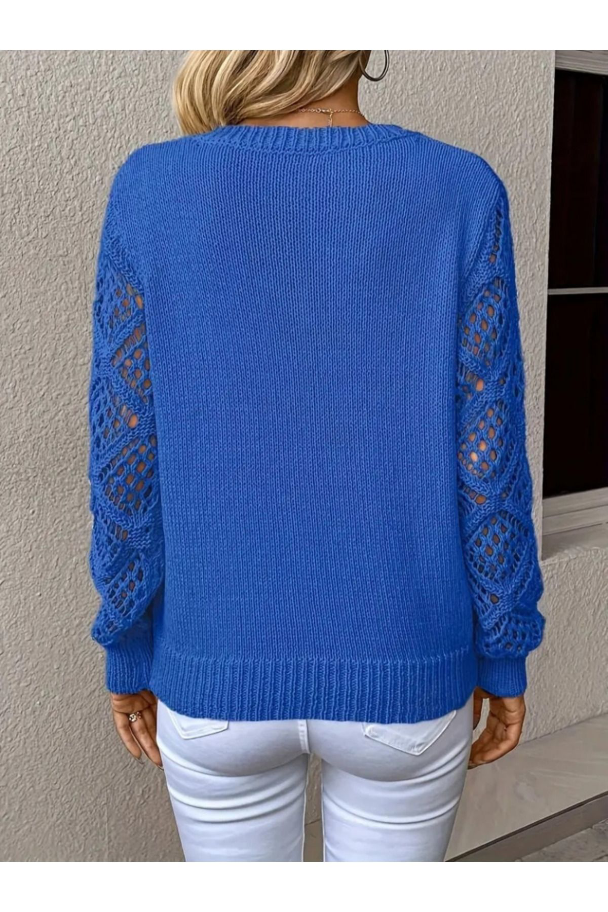 Kadın Uzun Kollu V Yaka Kol Delikli Baklava Desen Detaylı Triko K