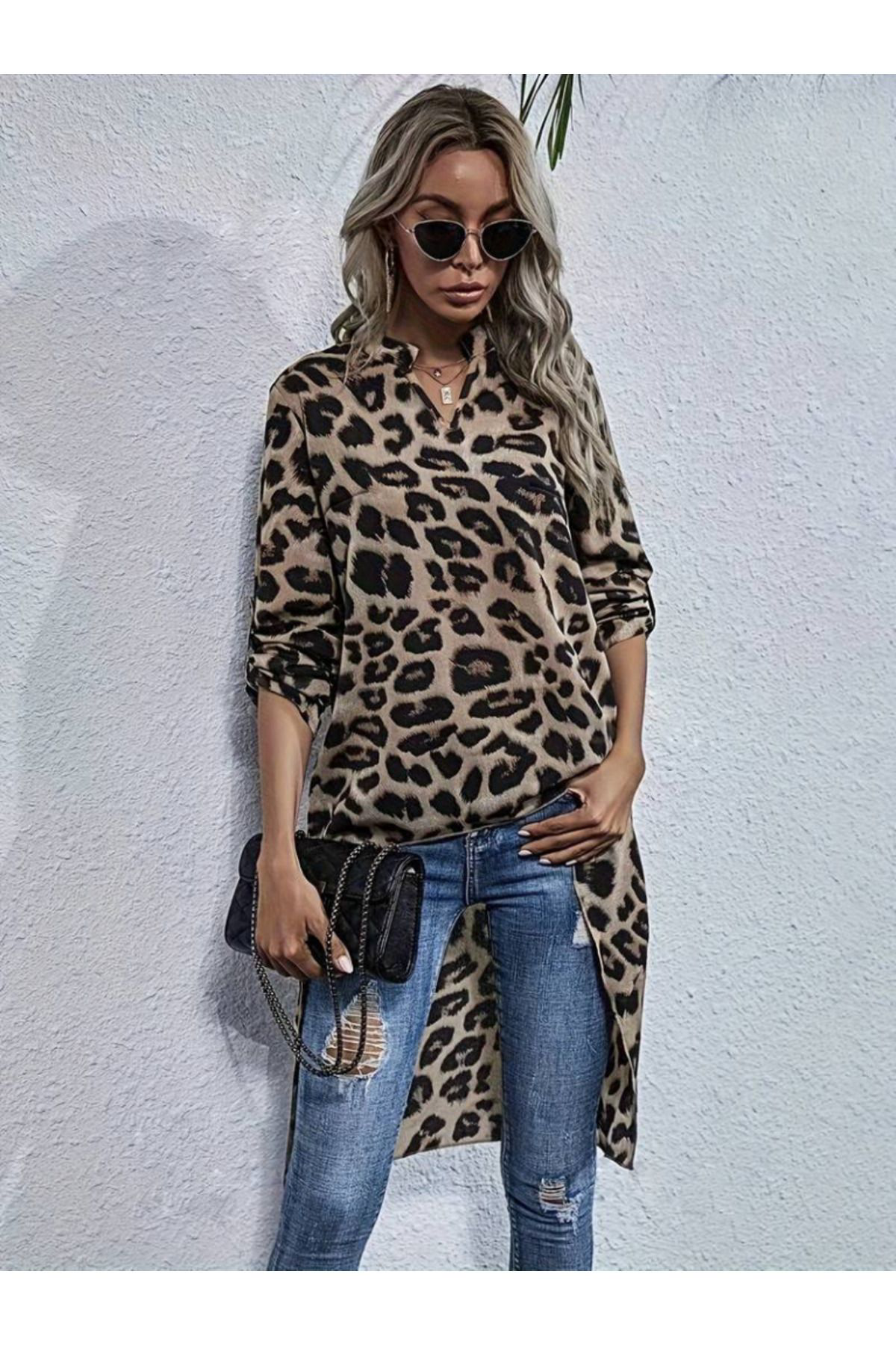 Kadın Uzun Kollu Hakim V Yakalı Leopar Desenli Asimetrik Kesim Sü