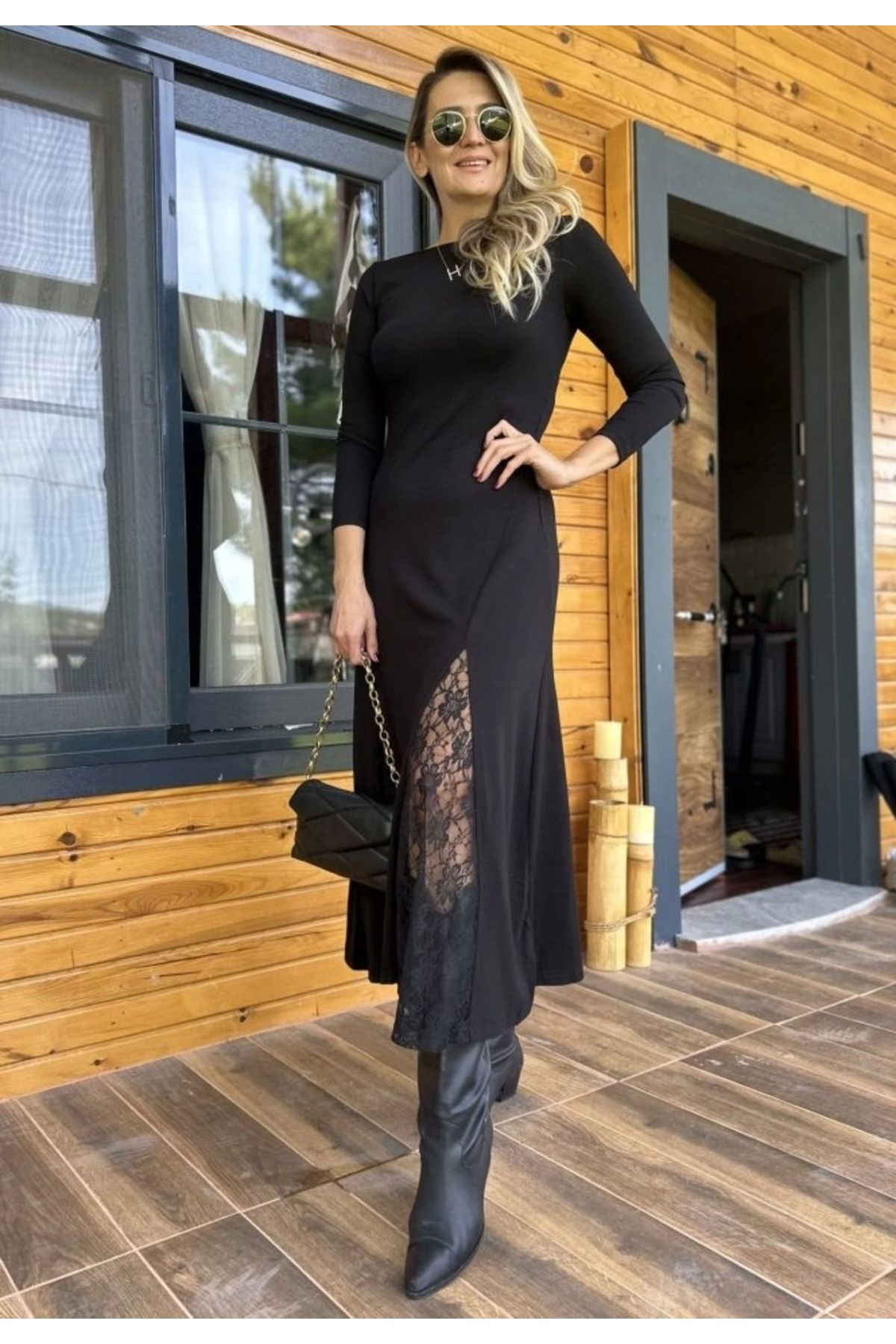 Kadın Uzun Kollu Bisiklet Yaka Sırt Dekolteli Dantel Yırtmaçlı Uz