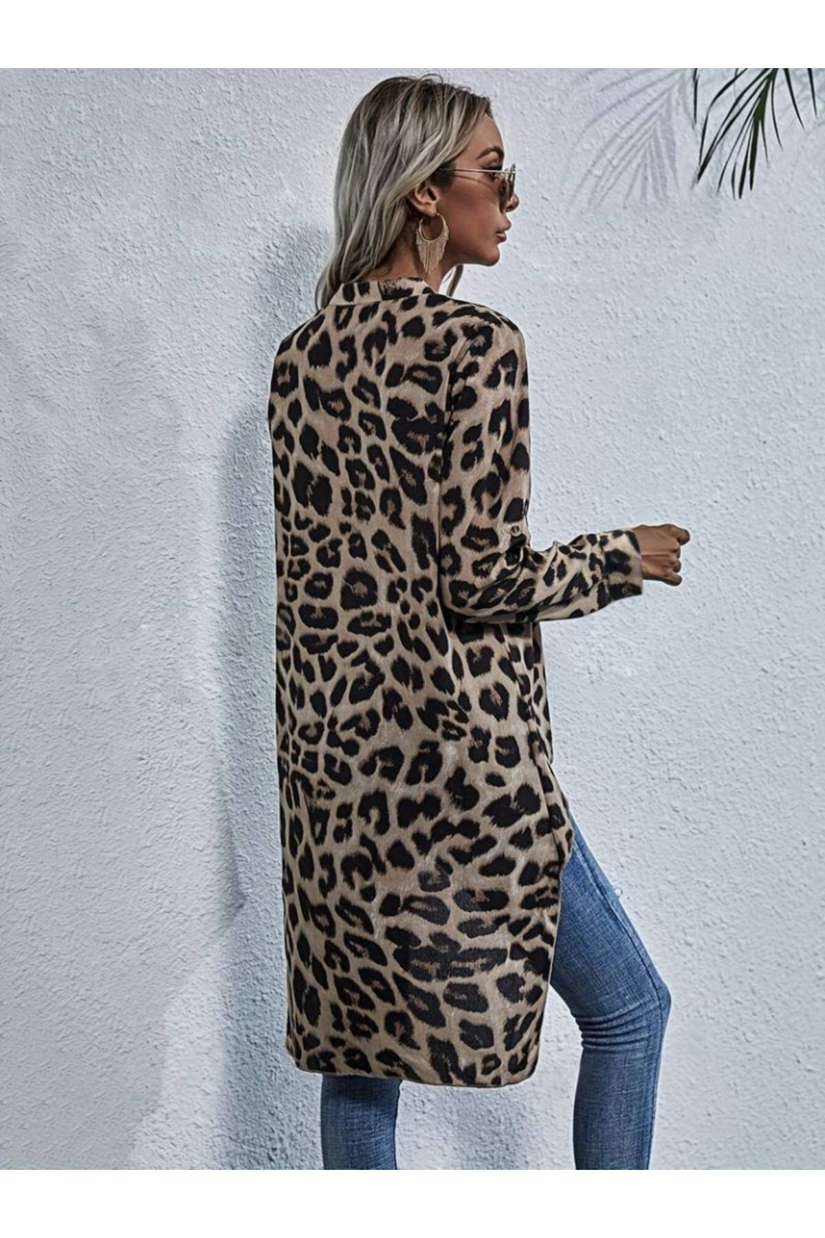 Kadın Uzun Kollu Hakim V Yakalı Leopar Desenli Asimetrik Kesim Sü