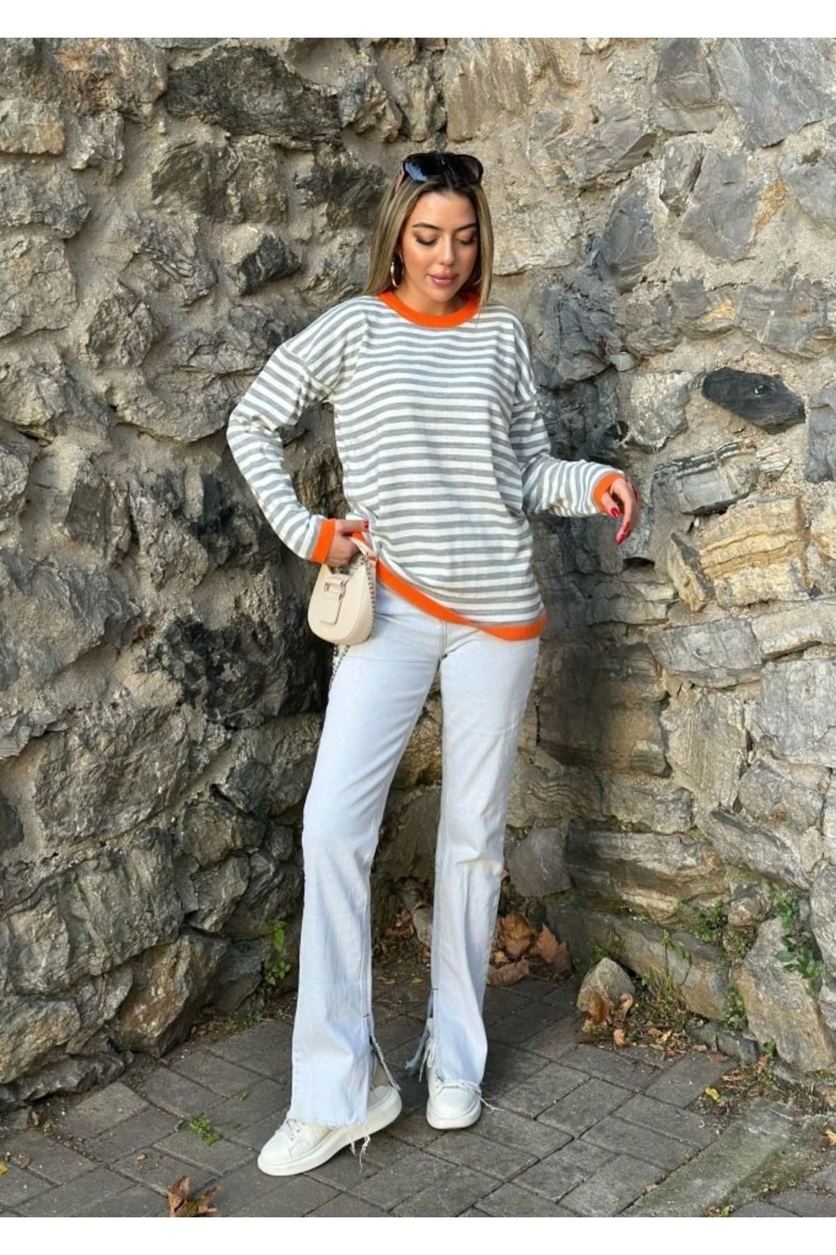 Kadın Uzun Kollu Bisiklet Yaka çizgi Desenli Triko Bluz