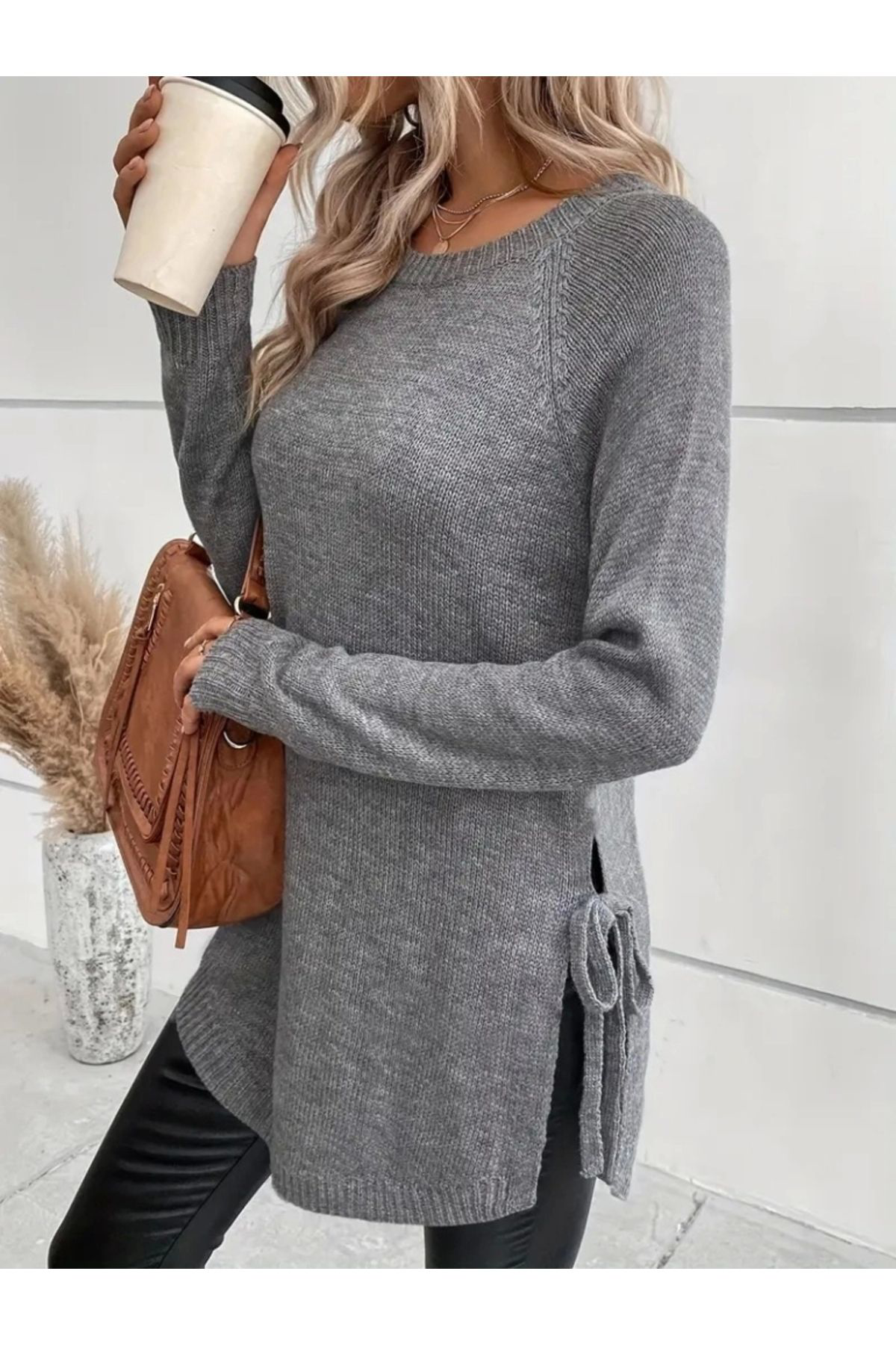 Trend Moda Kadin Uzun Kollu Yuvarlak Yakali Yanlardan Bağcikli Triko Bluz