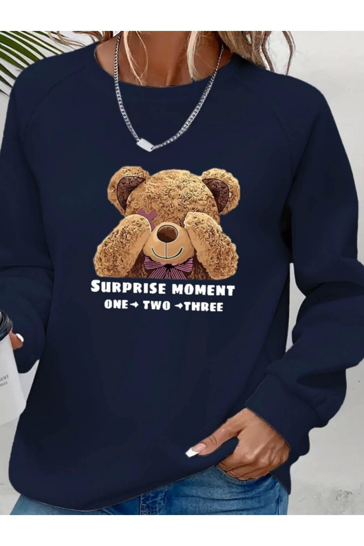 Kadın Uzun Kollu Bisiklet Yaka Ayıcık Desenli Viskon Iki Iplik Bl