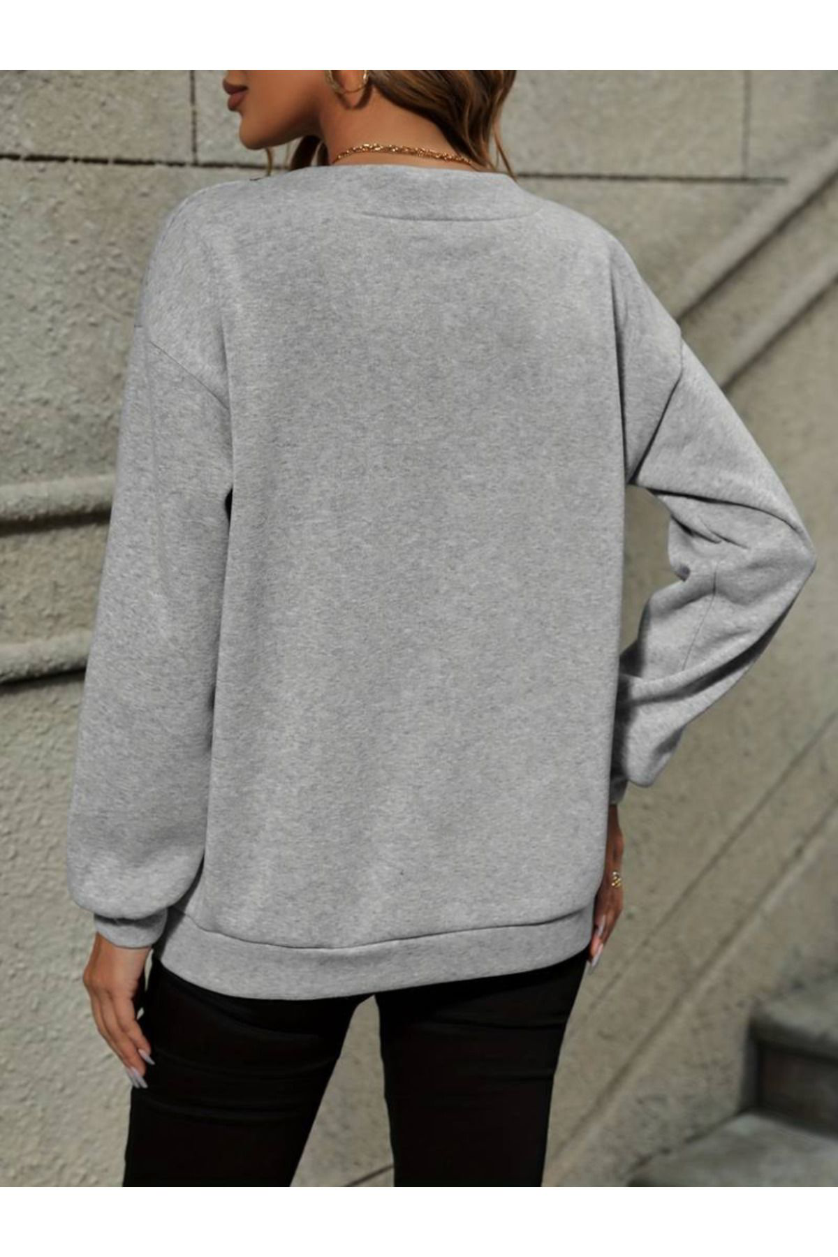 Kadın Uzun Kollu V Dantel Yaka şardonsuz üç Iplik Bluz