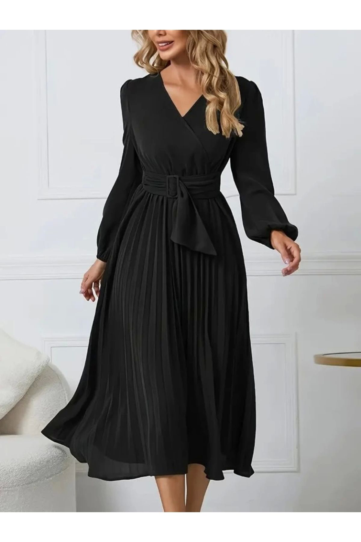 Kadın Uzun Kollu Kruvaze Yaka Belinde Toka Detaylı Pileli Uzun It