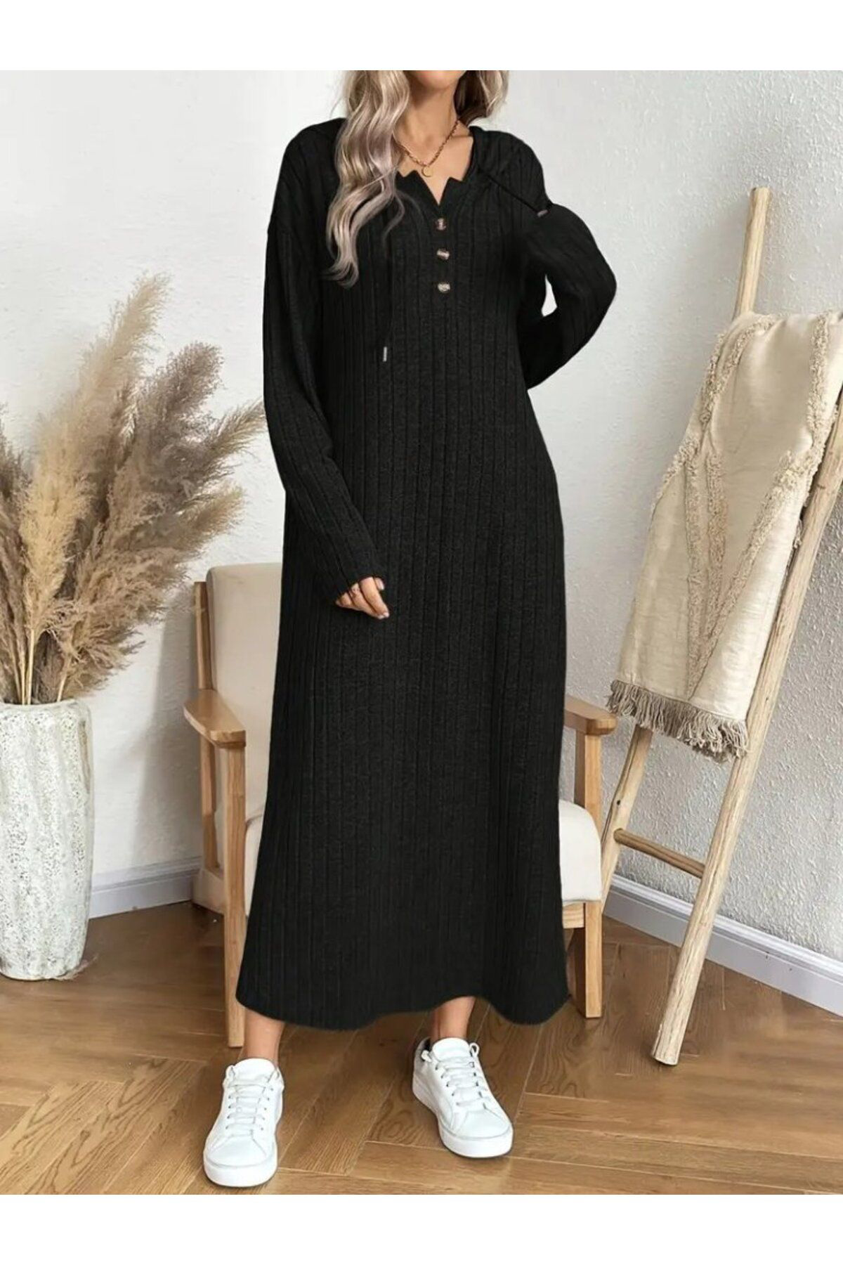 Moda Kadin Uzun Kollu Kapşonlu Bağcikli Şardonlu Kaşkorse Uzun Elbise