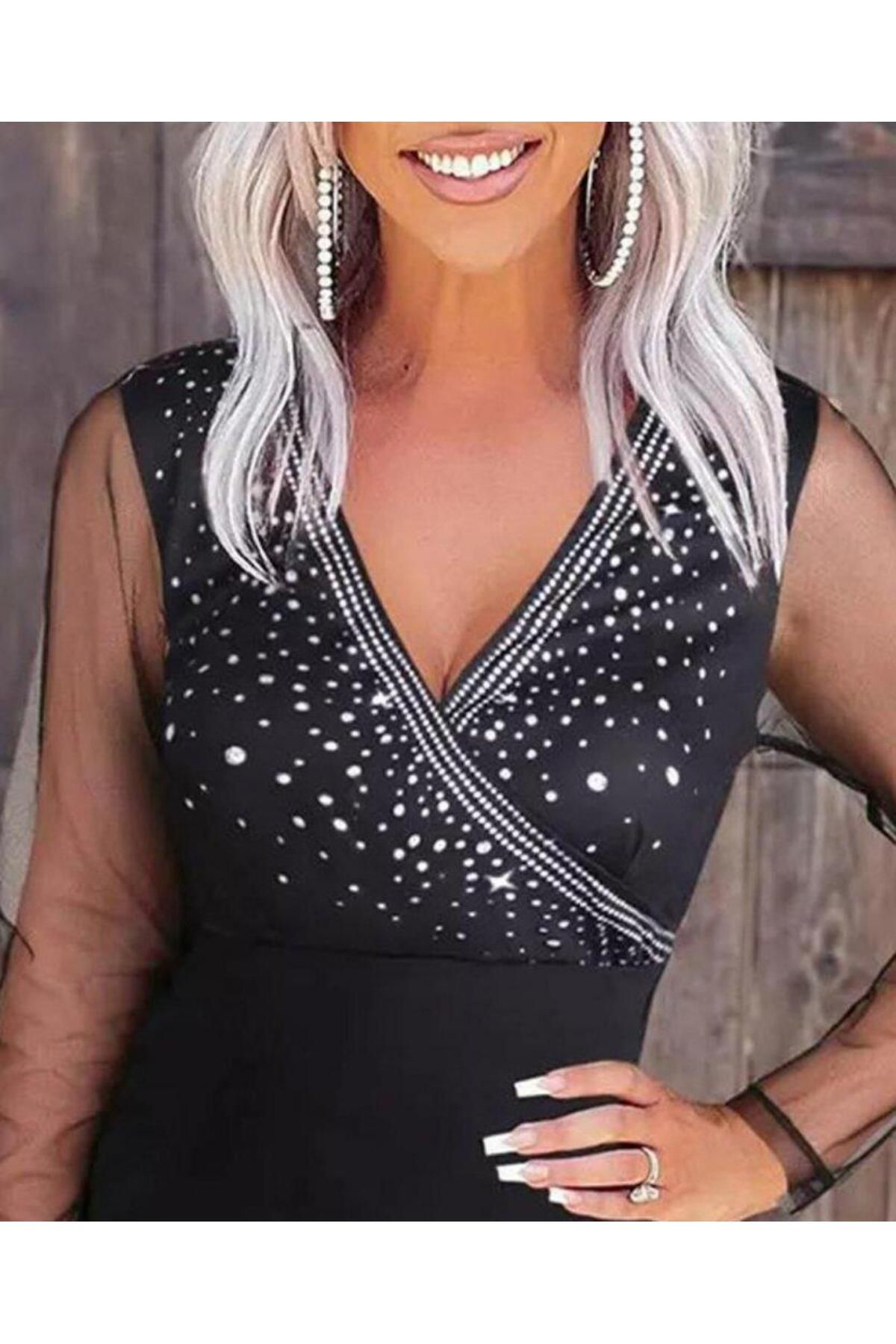 Gökyüzü Moda Kadin Uzun Kollu Kruvaze Yaka Üst Kisim Taşli Detay Krep Mini Boy