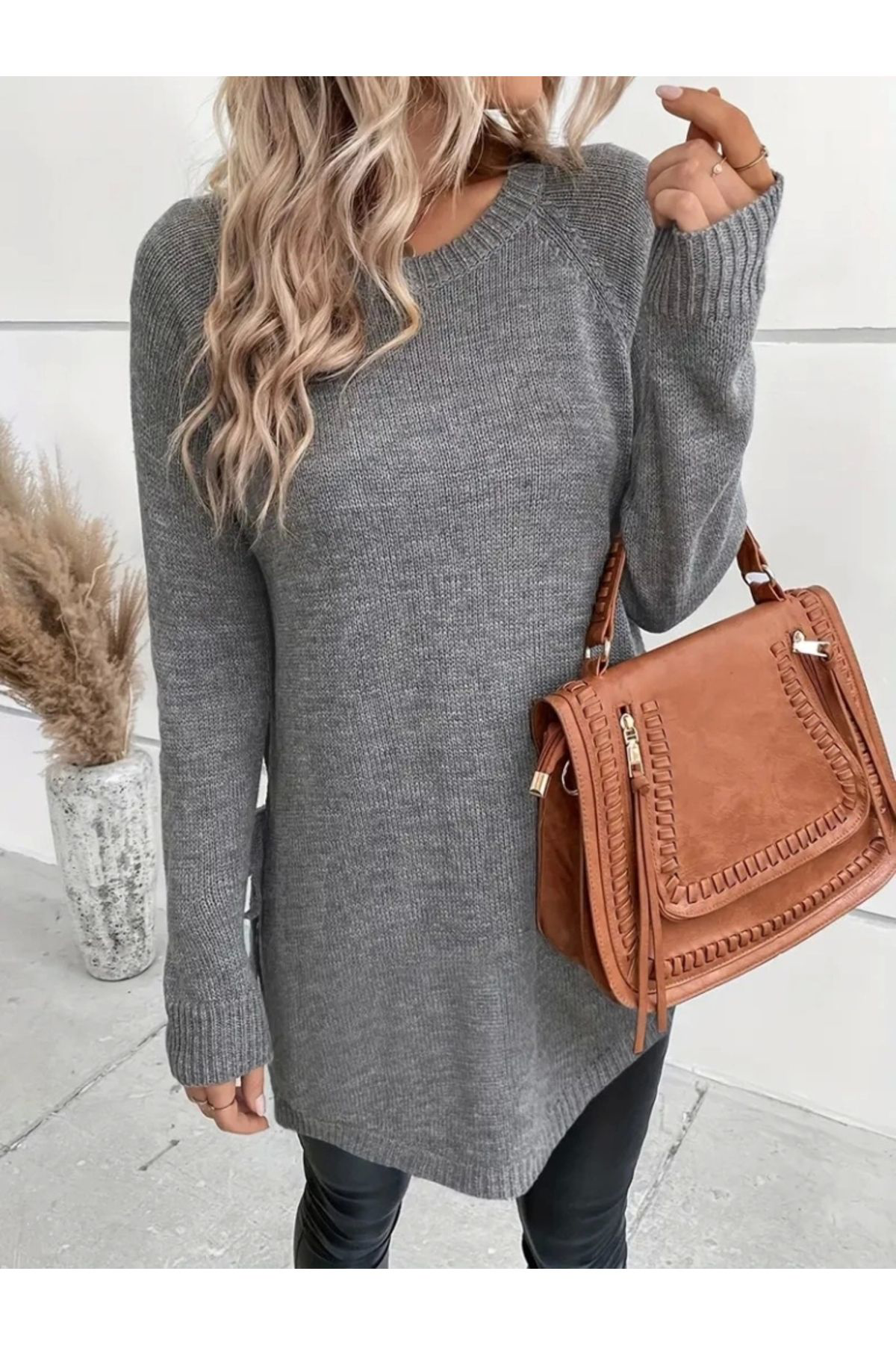 Trend Moda Kadin Uzun Kollu Yuvarlak Yakali Yanlardan Bağcikli Triko Bluz