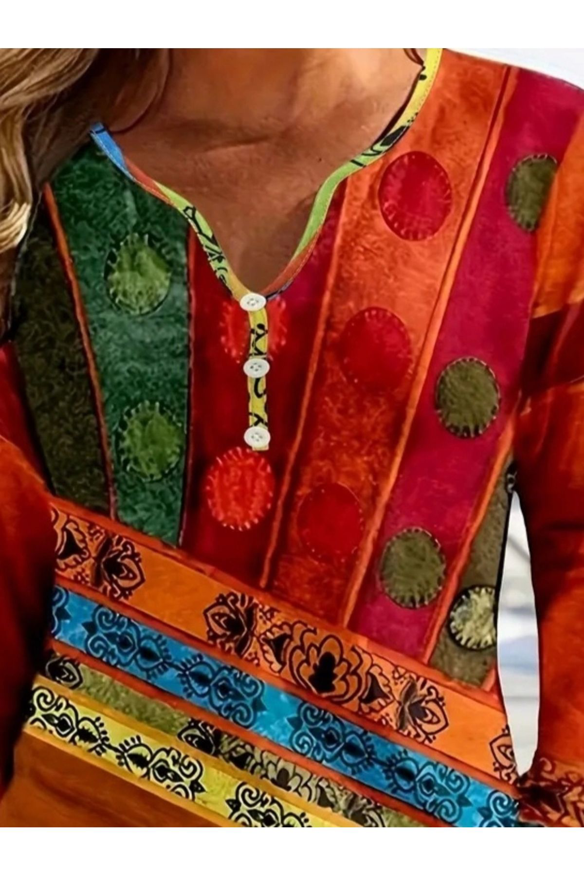 Kadın Uzun Kollu V Yakalı çok Renkli Süprem Bluz