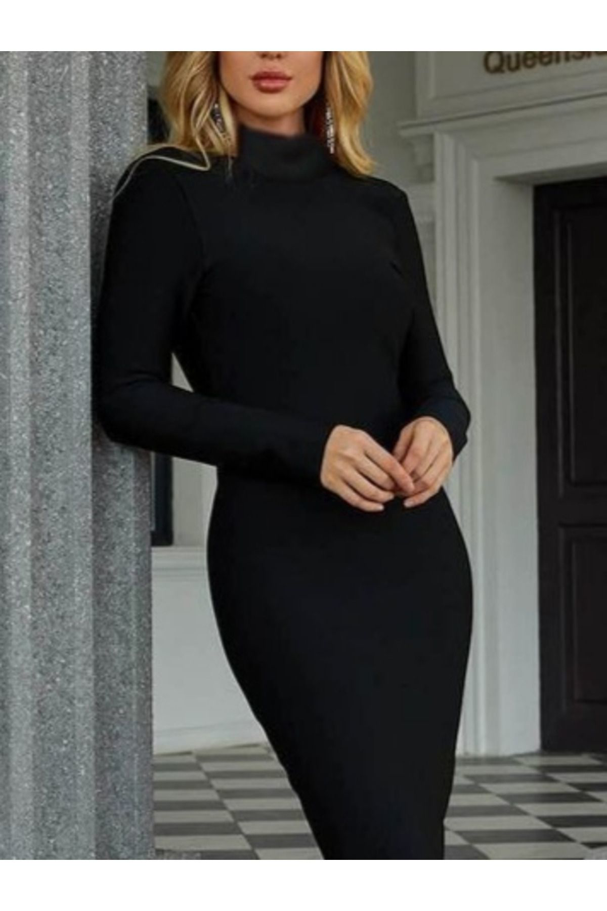 Kadın Uzun Kollu Boğazlı Midi Boy Triko Elbise (kemersiz)