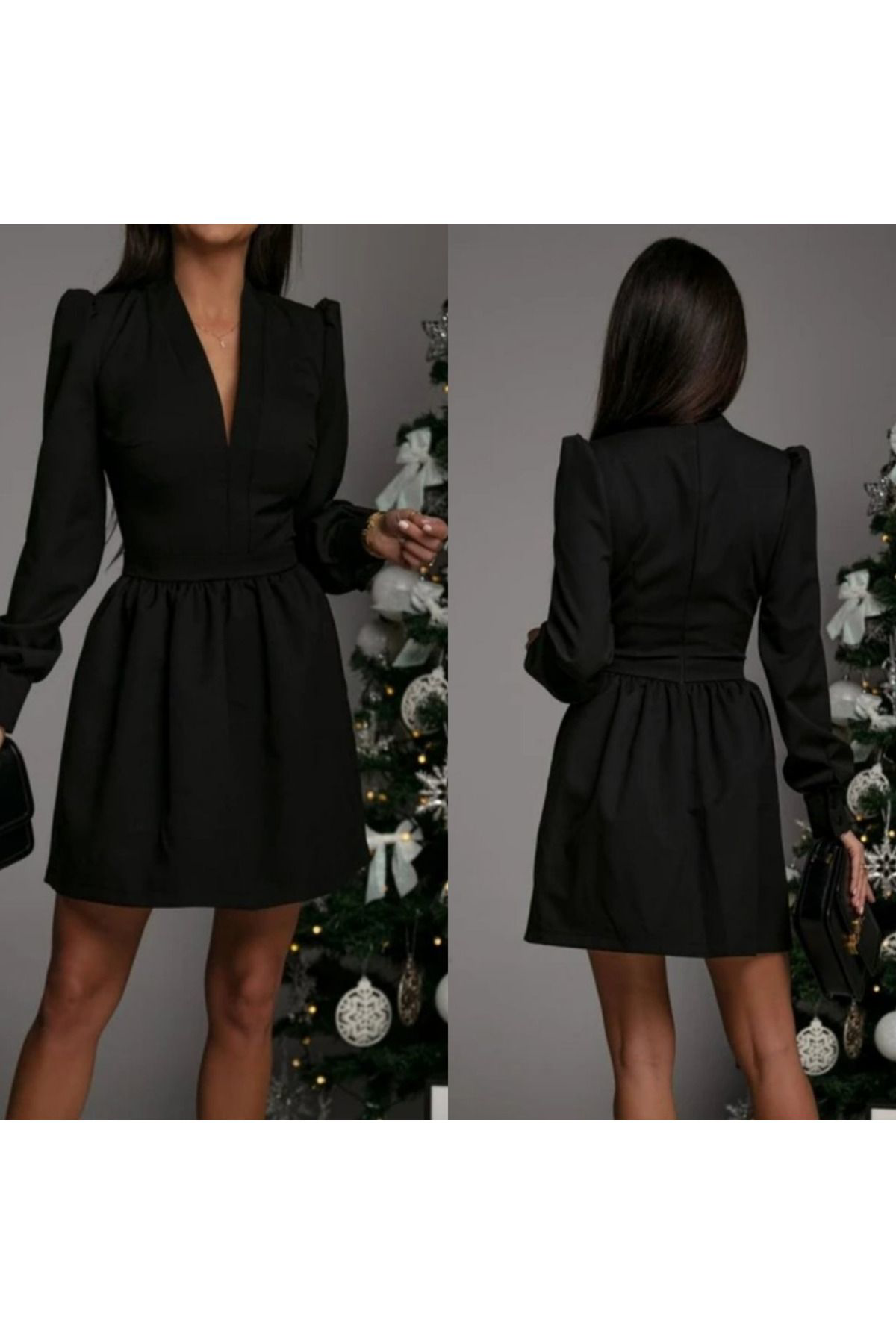 Kadın Uzun Kollu V Yaka Belden Hafif Pileli Scuba Krep Mini Boy E