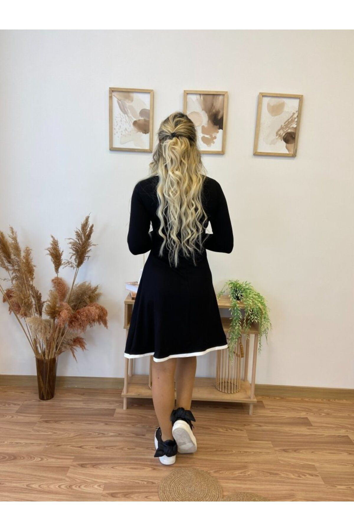 Kadın Uzun Kollu Derin Yuvarlak Yakalı Kısa Viskon Iki Iplik Elbi