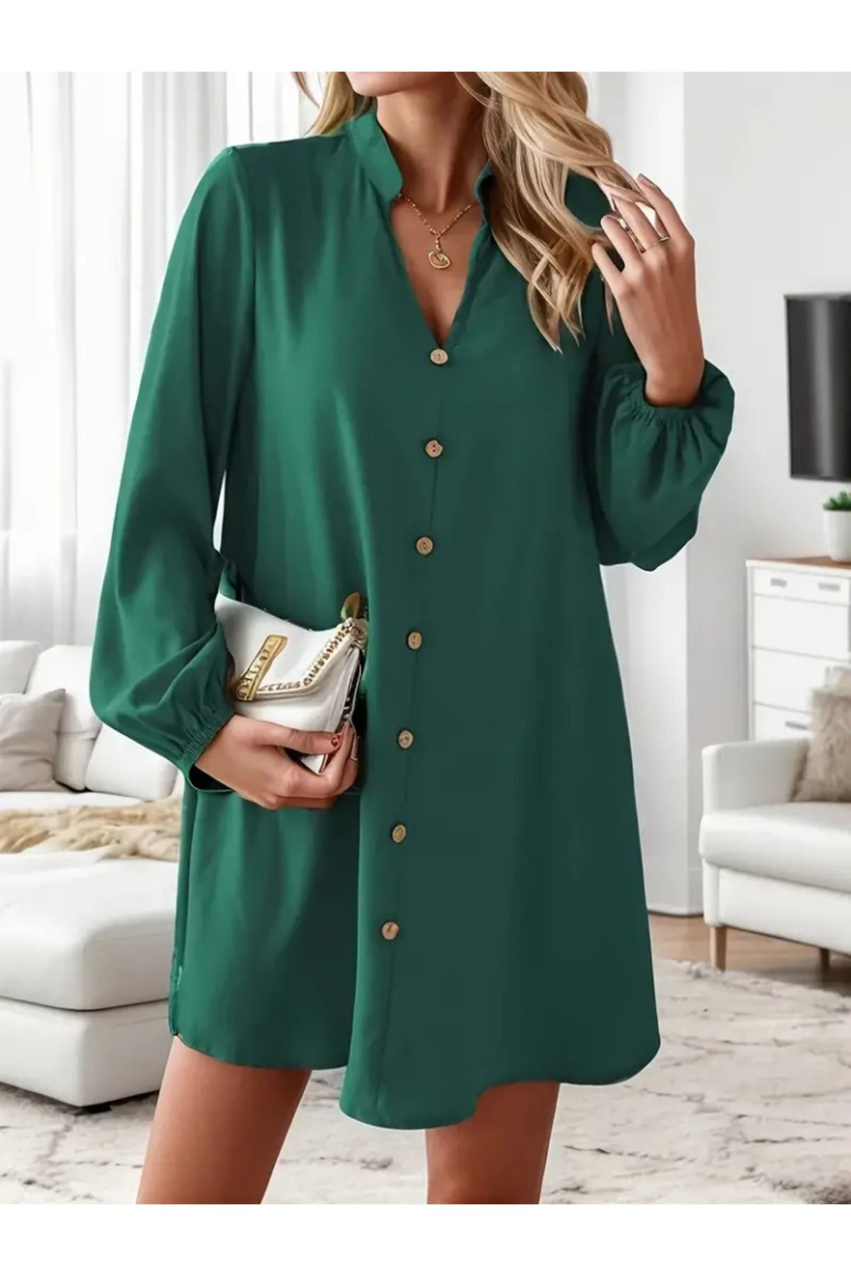 Kadın Uzun Kollu V Yakalı önden Düğmeli Kısa Sandy Elbise