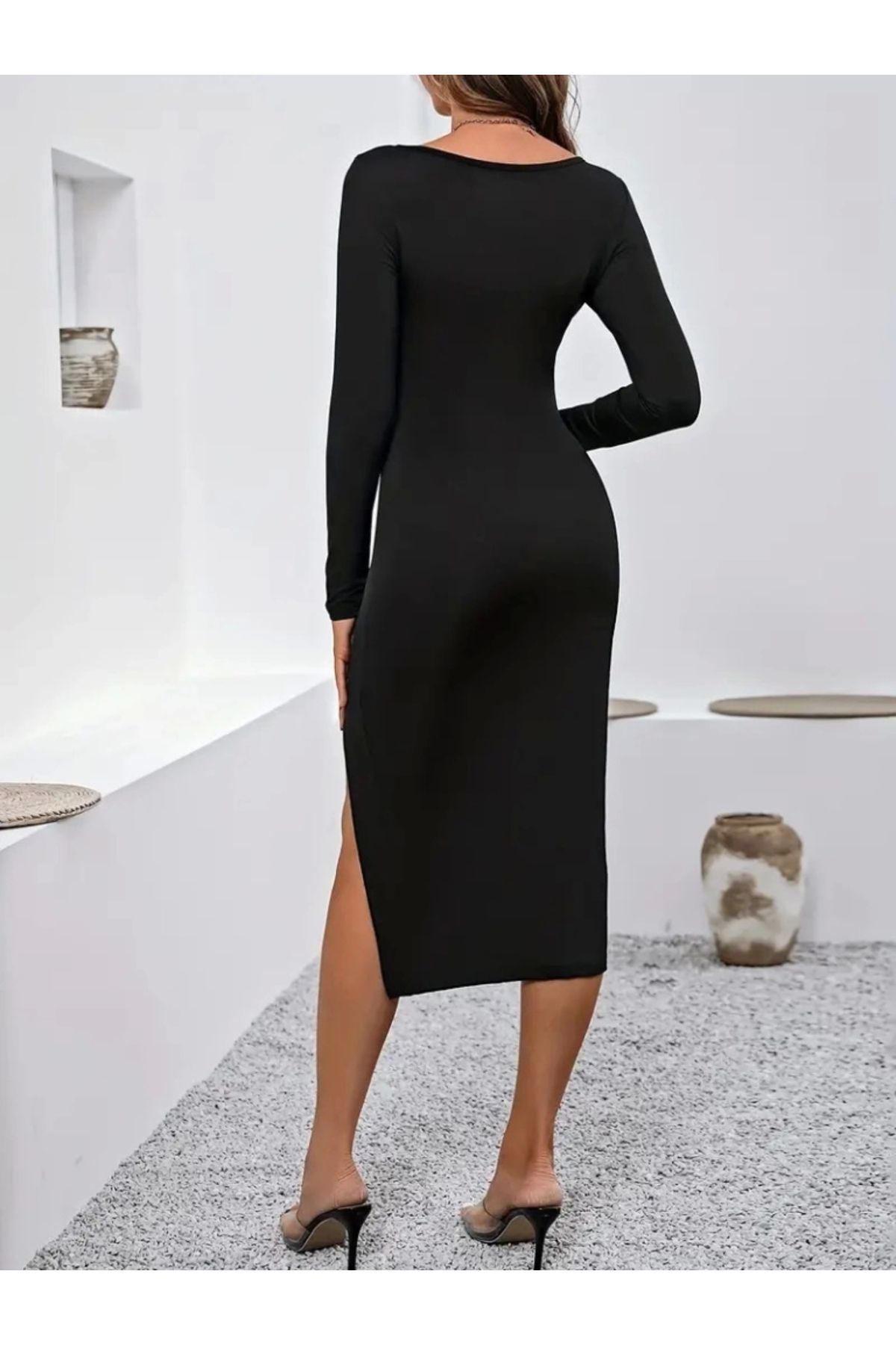 Kadın Uzun Kollu Göğüs Ve Göbek Dekolte Detay Sandy Midi Boy Elbi