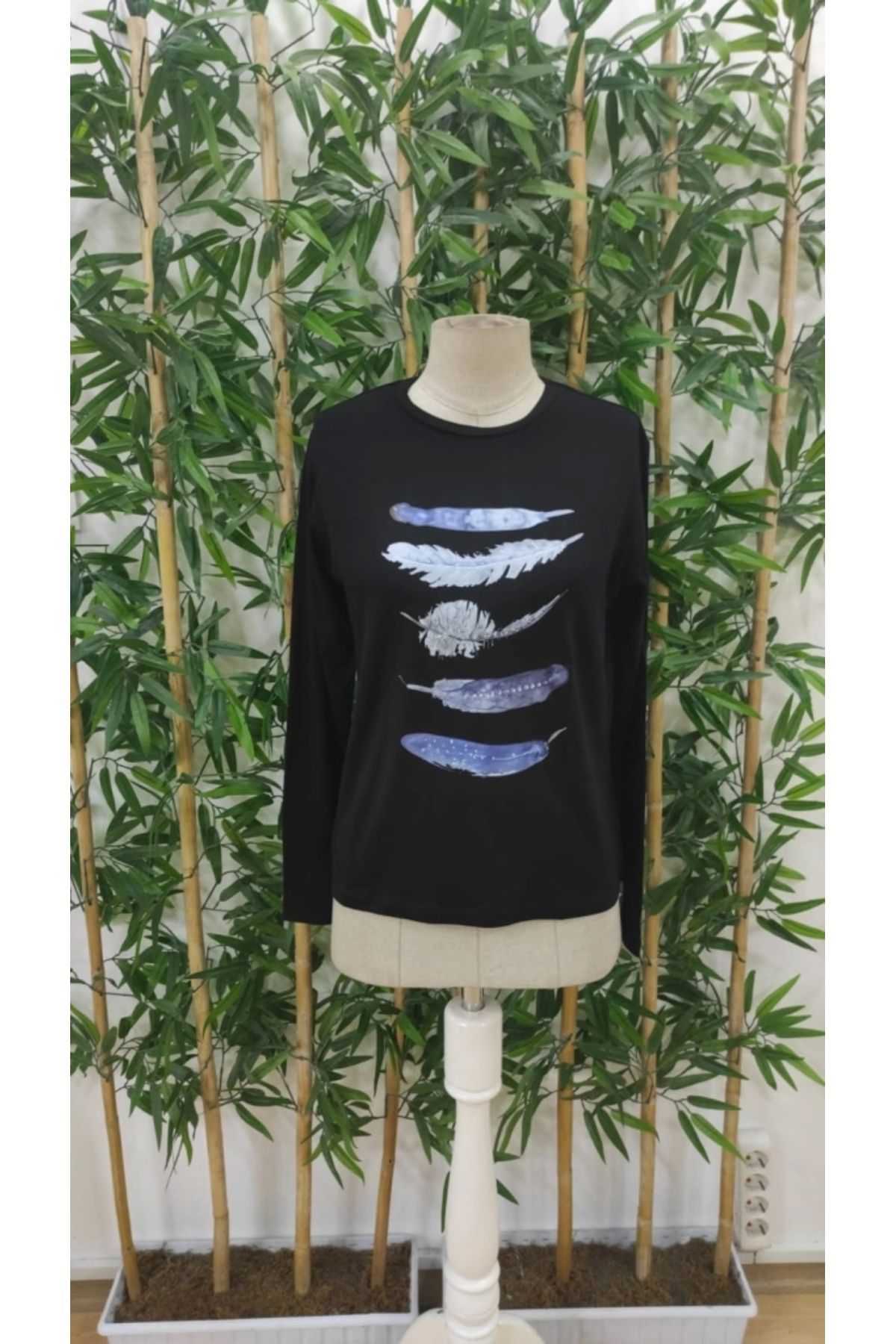 Kadın Uzun Kollu Bisiklet Yaka Kuş Tüyü Desenli Viskon Bluz