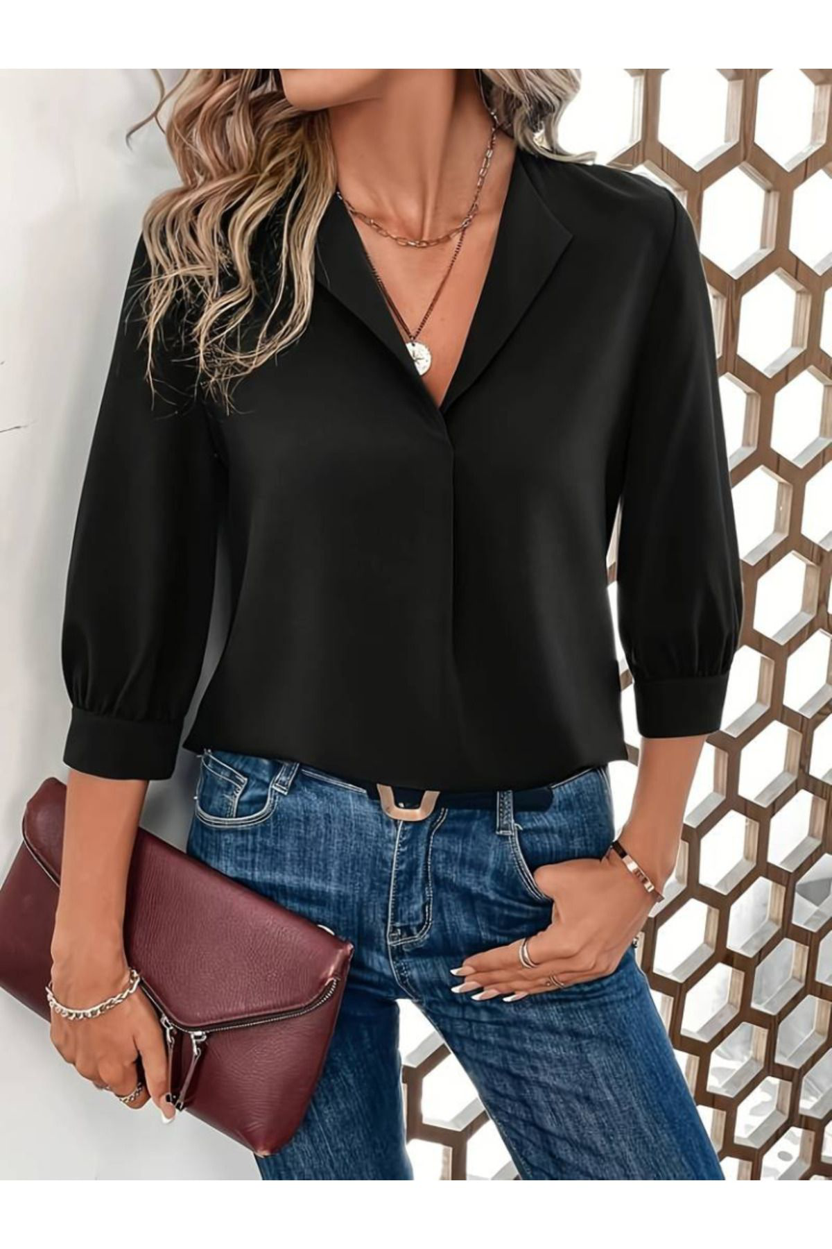 Kadın Uzun Kollu V Yakalı Sandy Bluz
