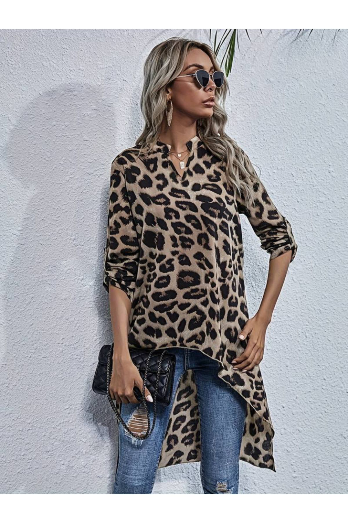 Kadın Uzun Kollu Hakim V Yakalı Leopar Desenli Asimetrik Kesim Sü