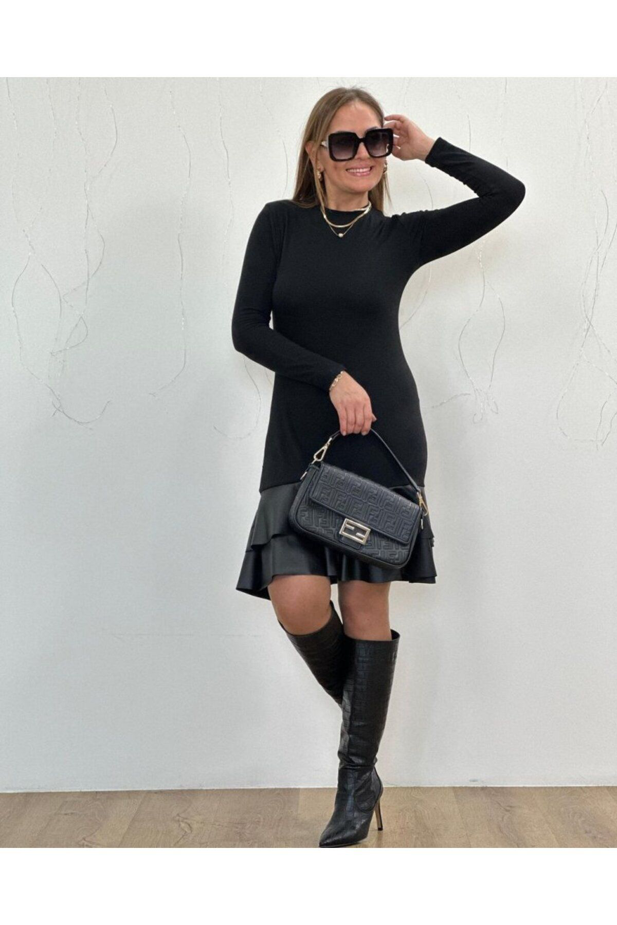 Kadın Uzun Kollu Bisiklet Yaka üst Viskon Etek Ucu Deri Kısa Elbi