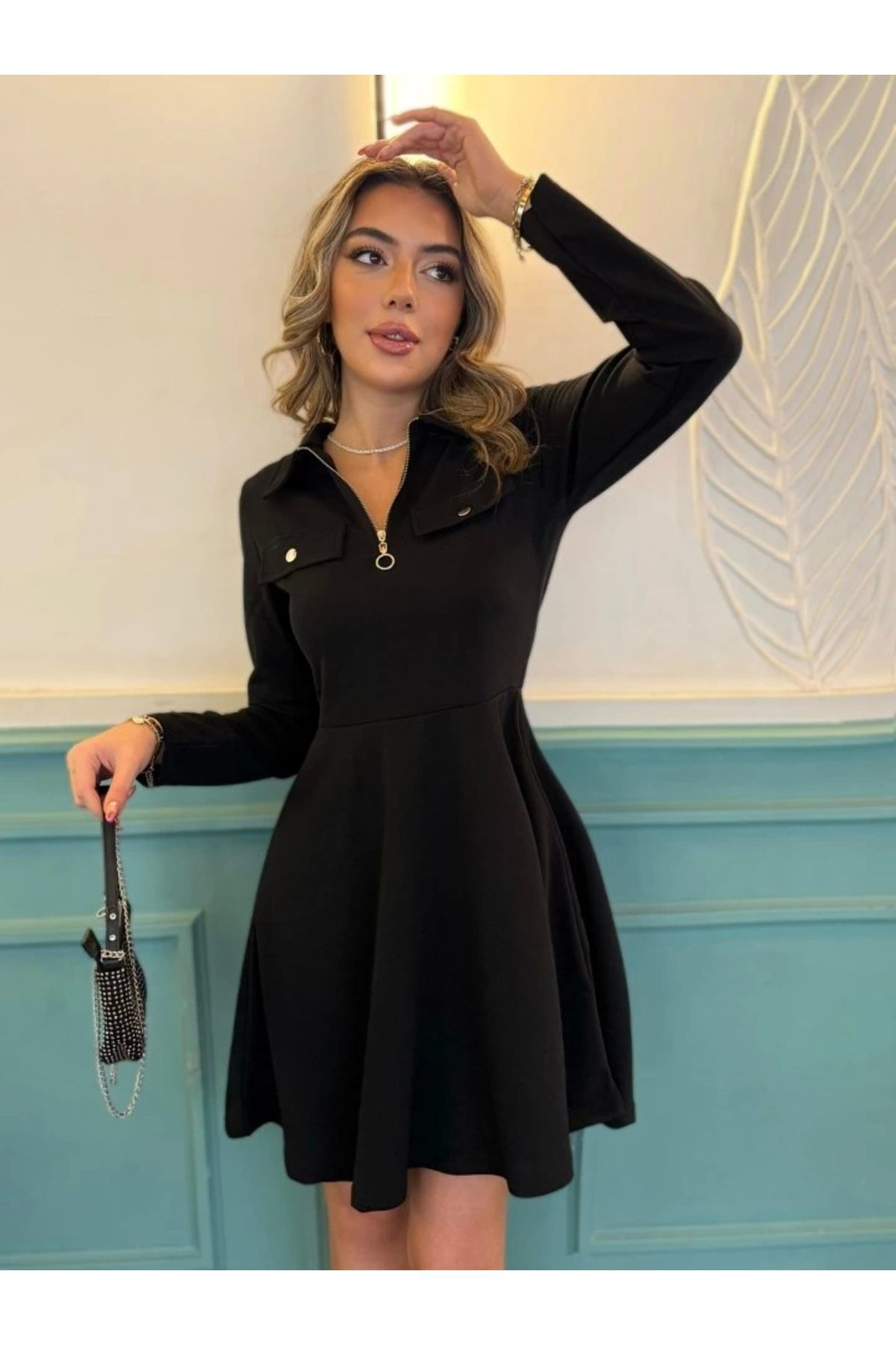 Kadın Uzun Kollu Yakalı Fermuarlı Ve Cepli Kısa Ithal Krep Kısa E