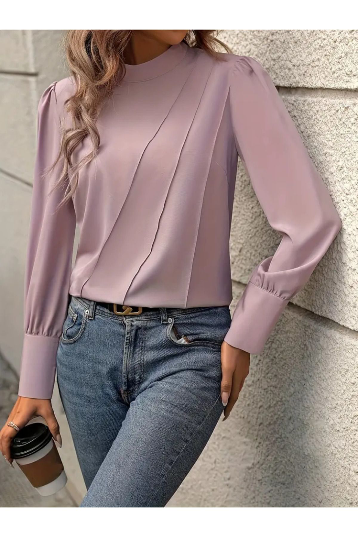 Kadın Uzun Kollu Balıkçı Yaka önden Dikişli Dokuma Bluz
