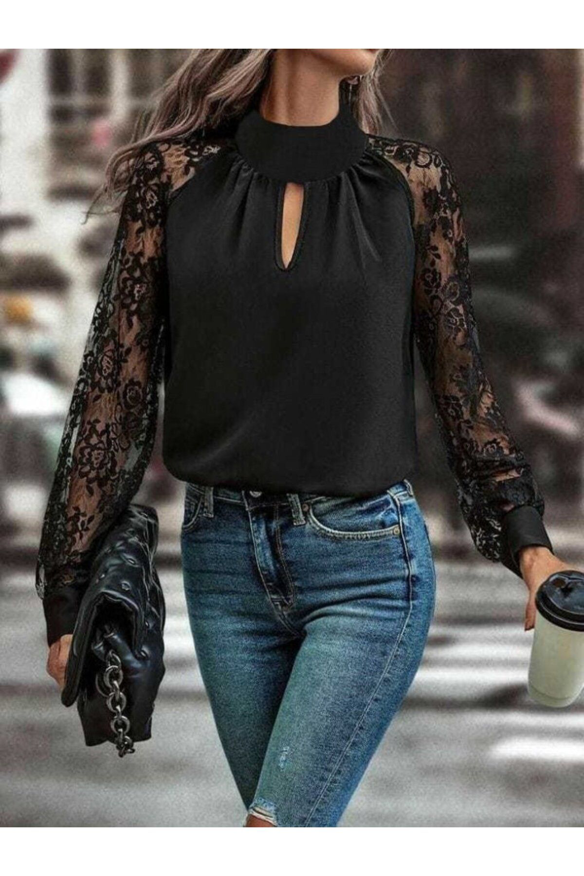 Kadın Uzun Kollu Göğüs Pencere Detay Yaka Boğazlı Kolları Tüllü S