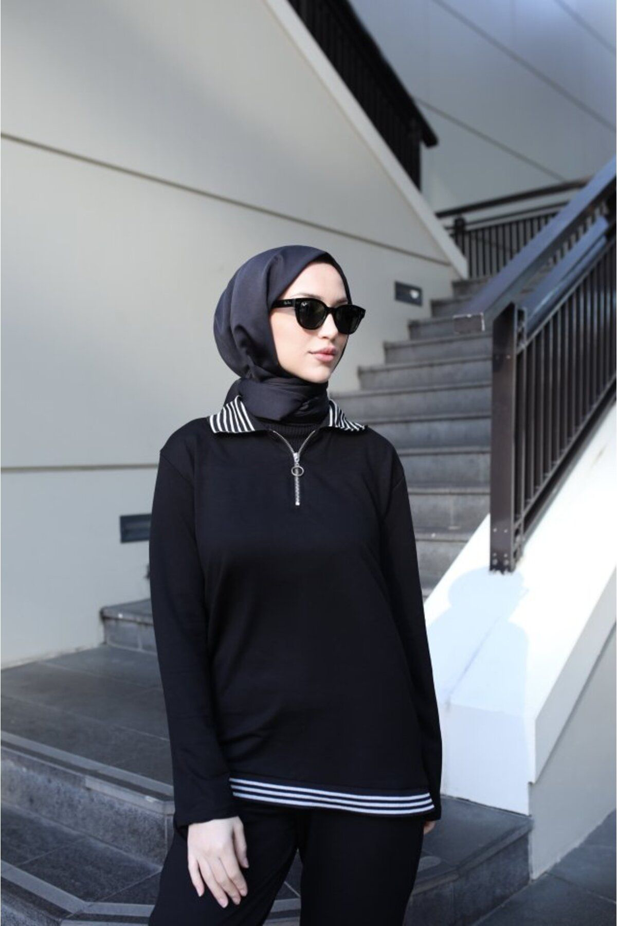 Kadın Uzun Kollu Ribana Ve Fermuar Detay Bluz Ve Yüksel Bel Panto