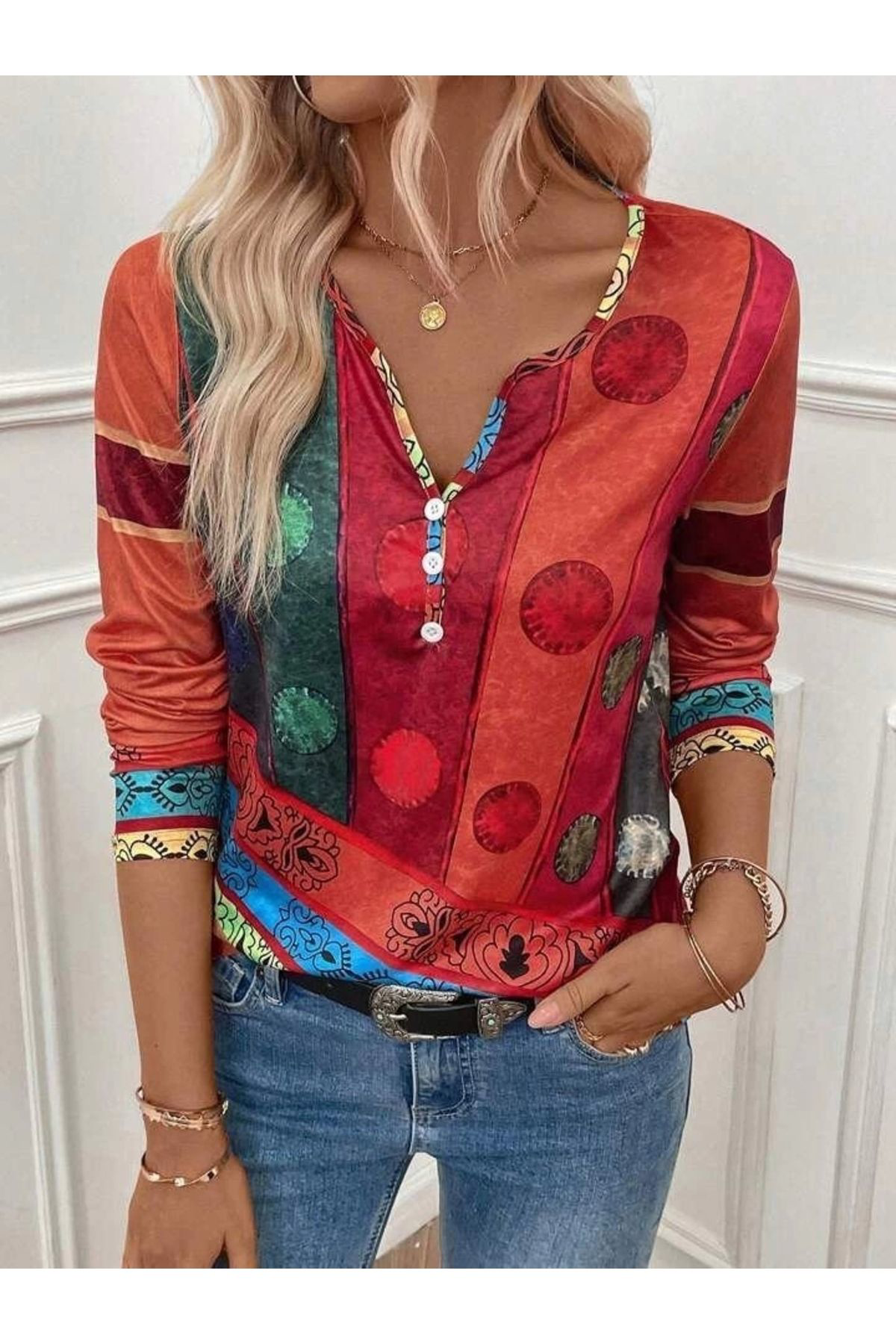 Kadın Uzun Kollu V Yakalı çok Renkli Süprem Bluz