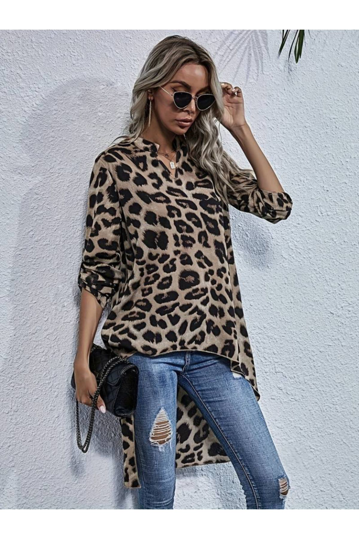 Kadın Uzun Kollu Hakim V Yakalı Leopar Desenli Asimetrik Kesim Sü
