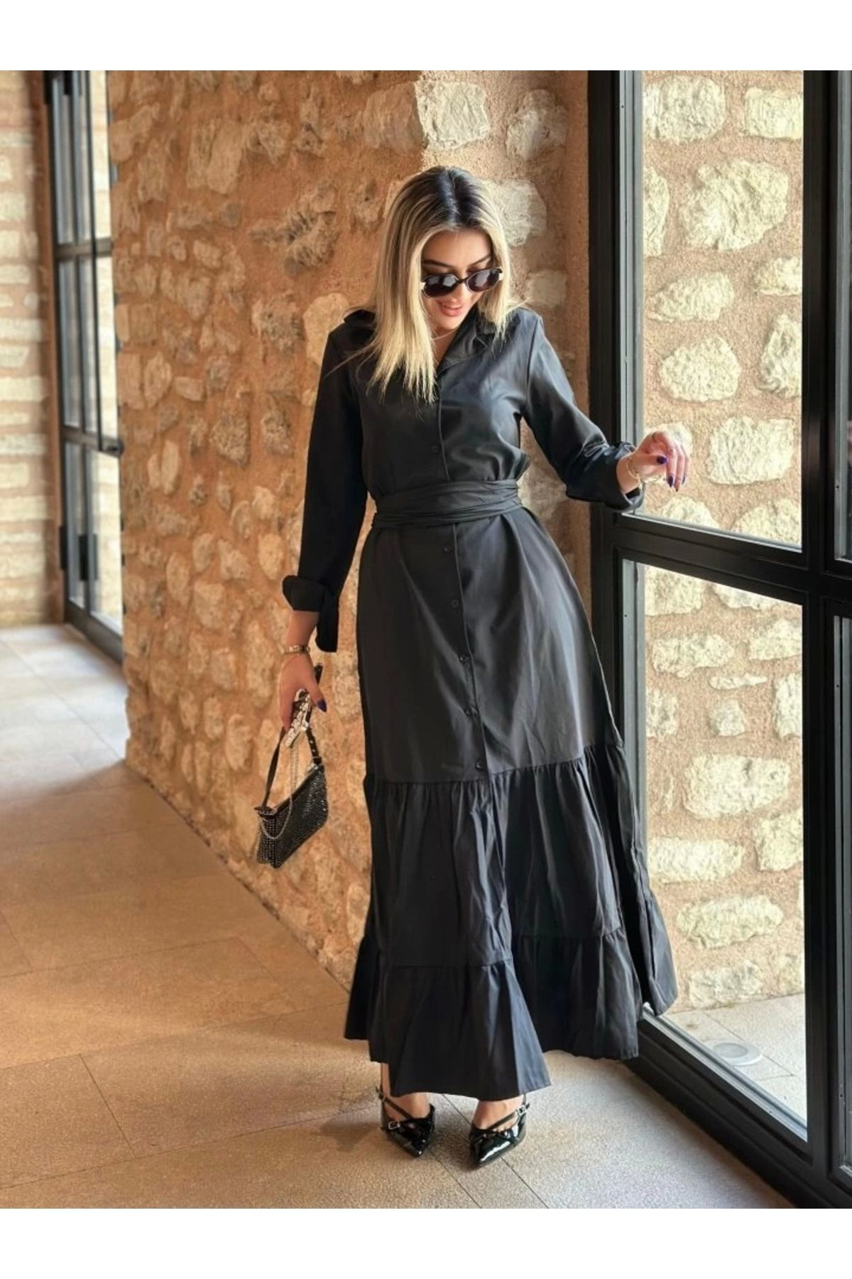 Kadın Uzun Kollu Eteği Fırfırlı Beli Kuşaklı Trikoton Tam Boy Göm