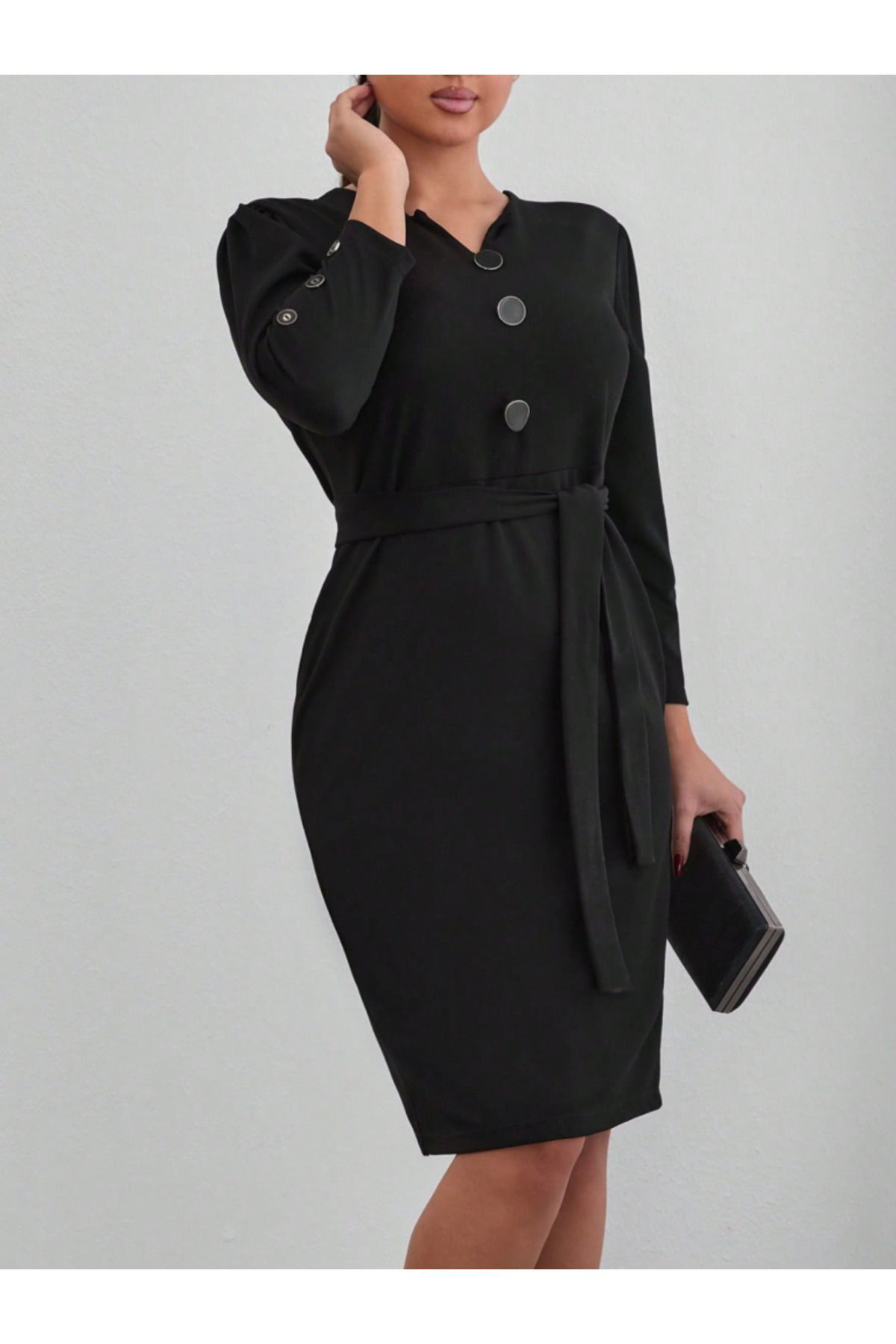 Kadın Uzun Kollu Düğme Detaylı Kendinden Kemerli Ithal Krep Elbis