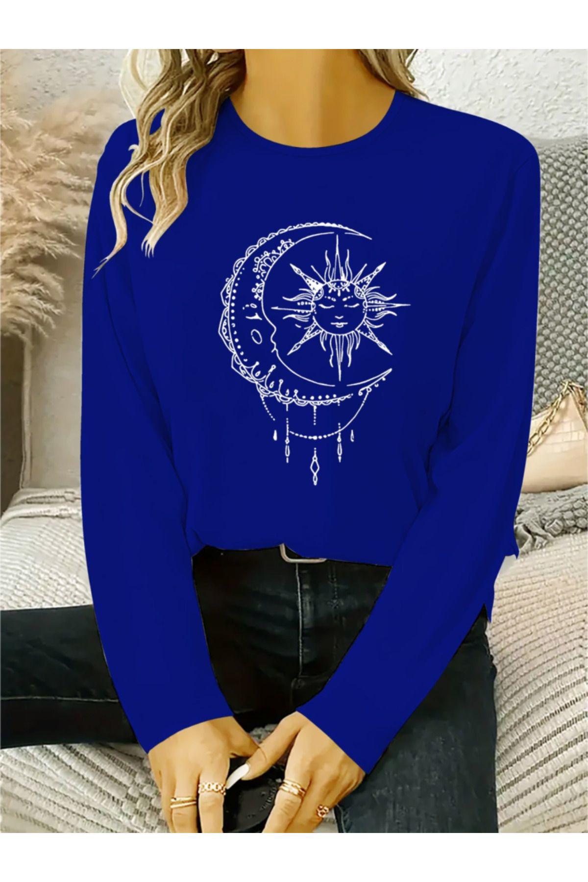 Kadın Uzun Kollu Bisiklet Yaka Ay Baskılı Viskon Bluz