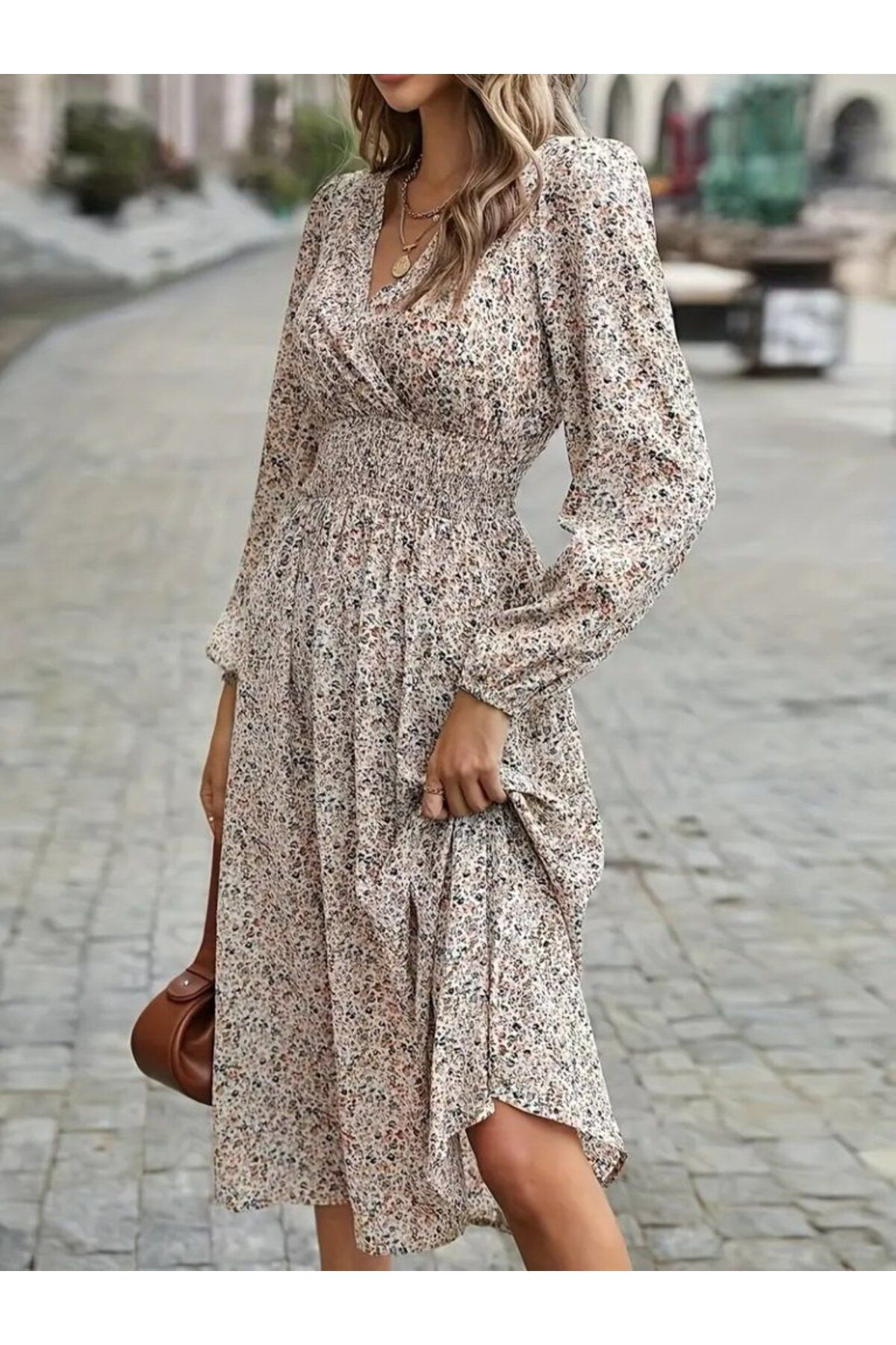 Kadın Uzun Kollu Kruvaze Yaka Beli Lastikli Kiloş Desenli Midi Sü