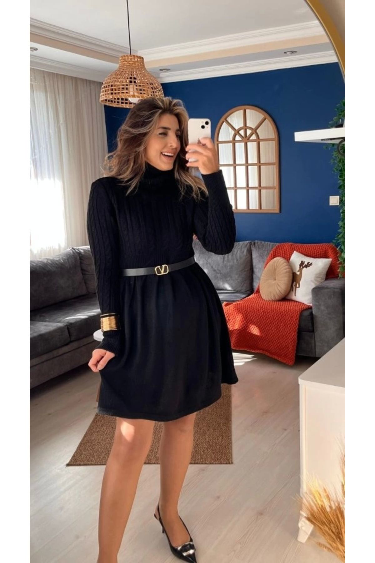 Kadın Uzun Kollu Balıkçı Yaka Belden Yaka Belden Büzgülü Kısa Tri