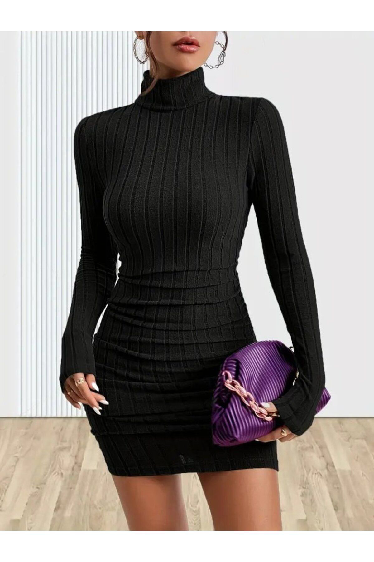 Kadın Uzun Kollu Balıkçı Yaka Kısa şardonlu Kaşkorse Elbise