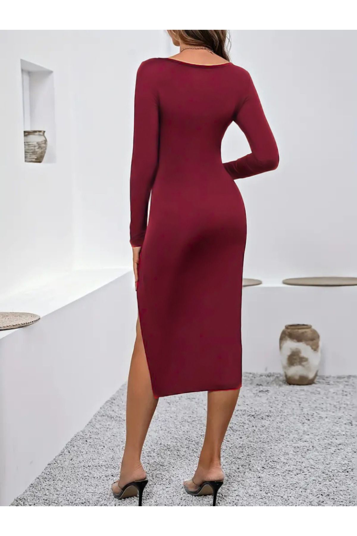 Kadın Uzun Kollu Göğüs Ve Göbek Dekolte Detay Sandy Midi Boy Elbi