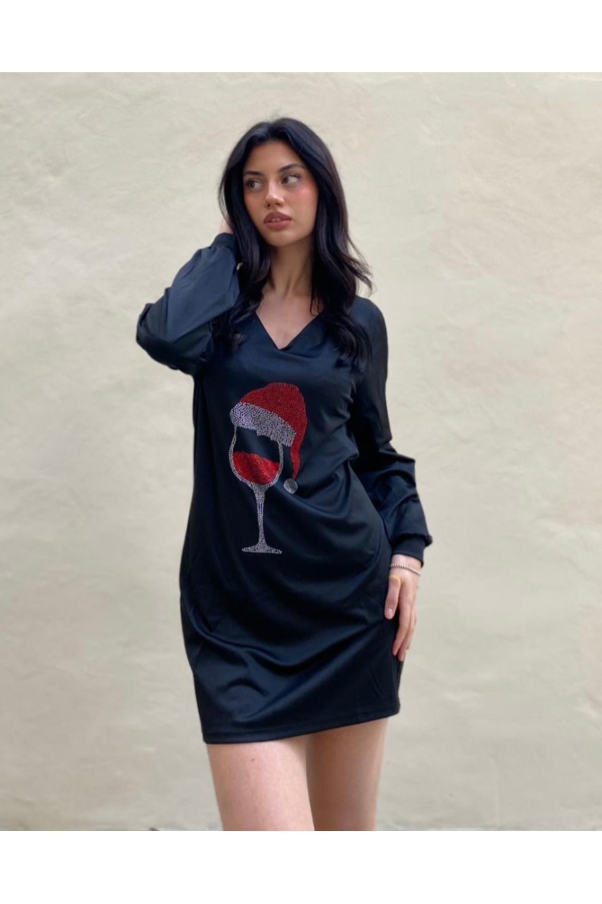 Kadın Uzun Kollu V Yaka Baskılı Dalgıç Kumaş Elbise