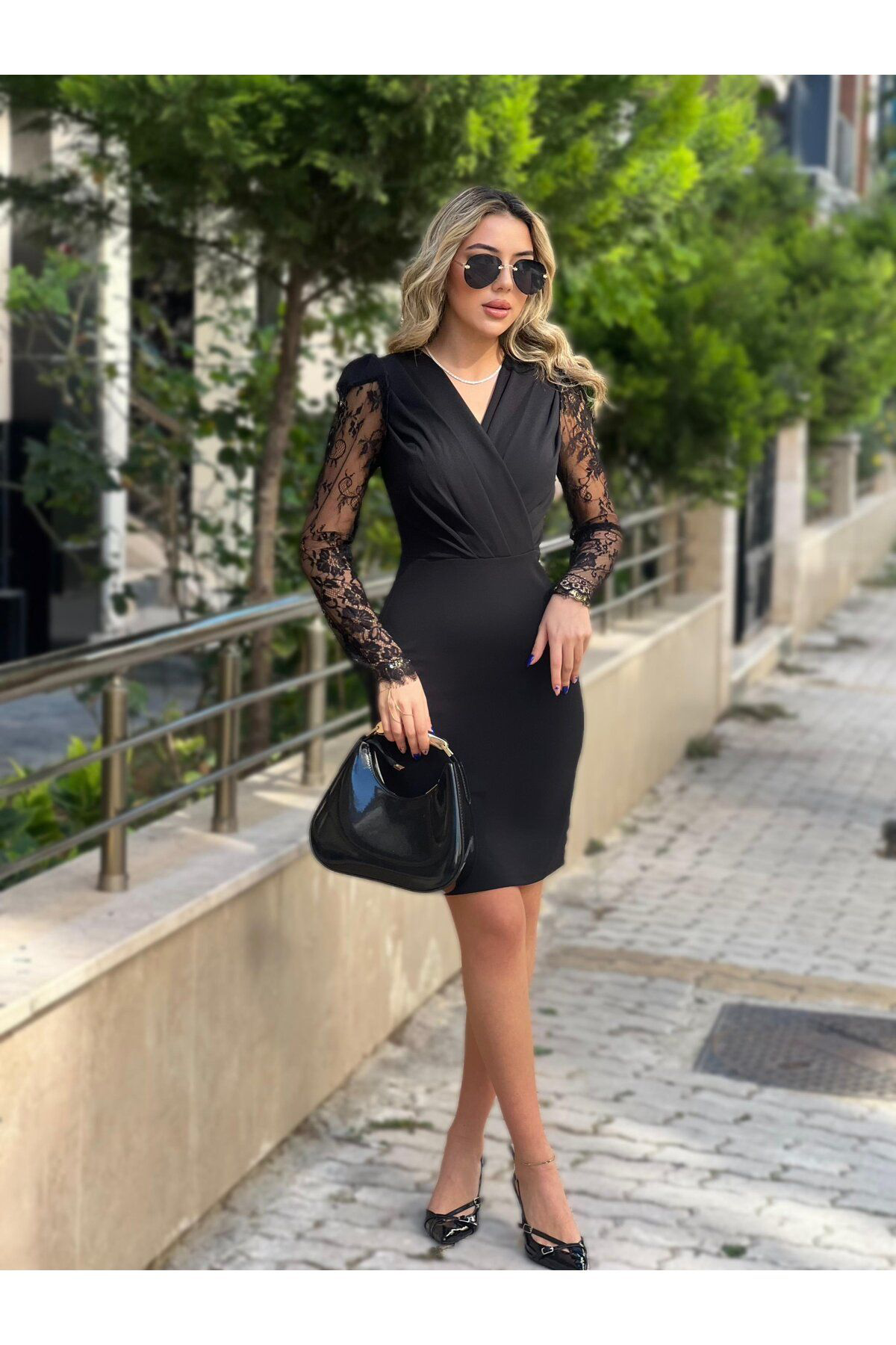 Kadın Uzun Kollu Kruvaze Yaka Kollar Tül Detay Krep Mini Boy Elbi