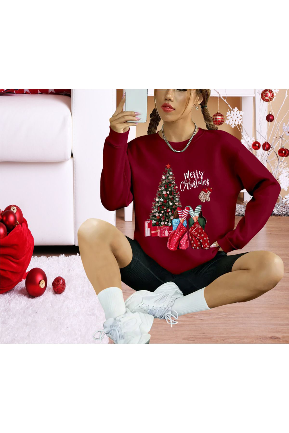 Kadın Uzun Kollu Bisiklet Yaka Viskon Iki Iplik Bluz