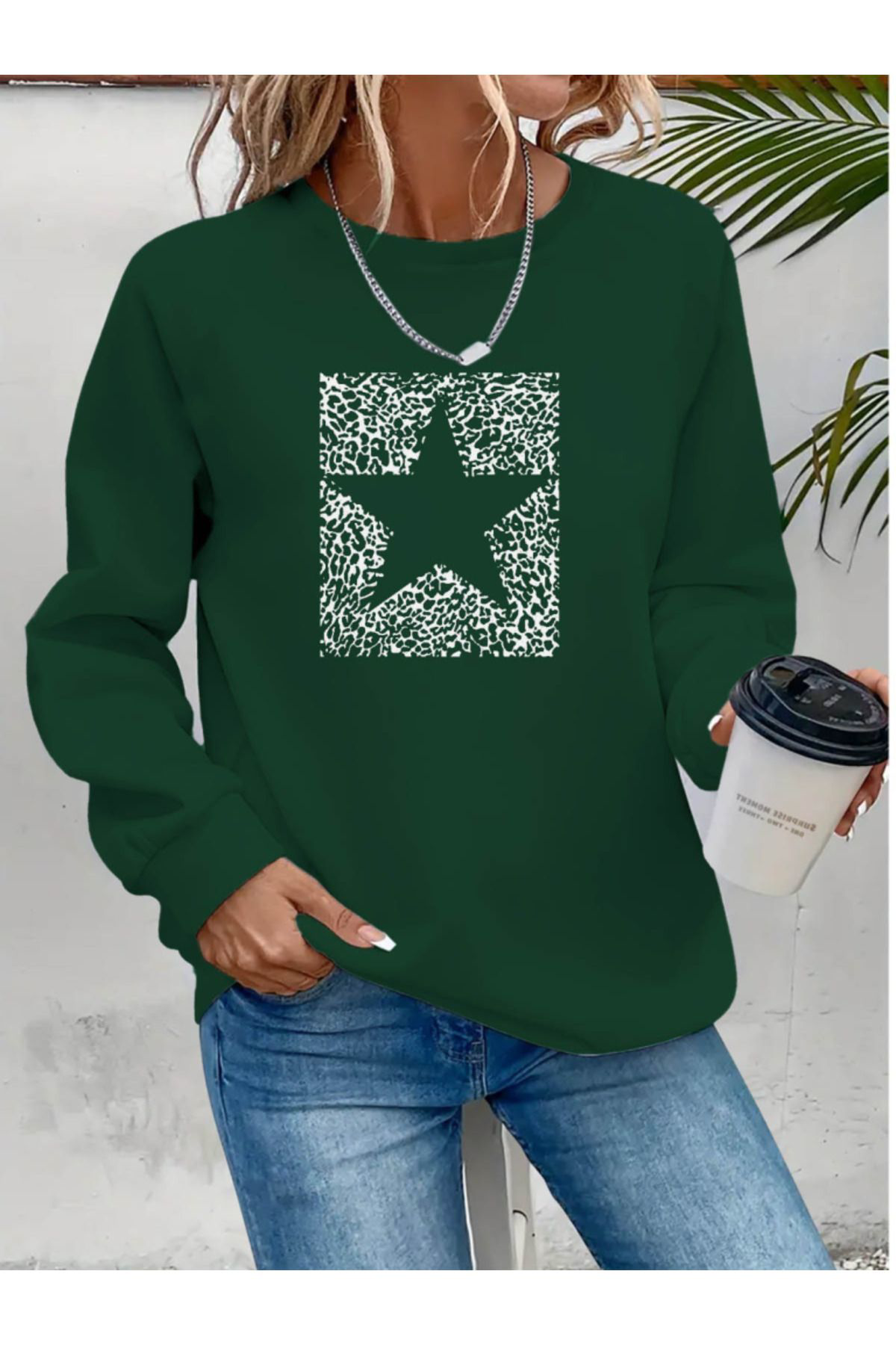 Creis Kadin Uzun Kollu Bisiklet Yaka Desenli Viskon İki İplik Bluz