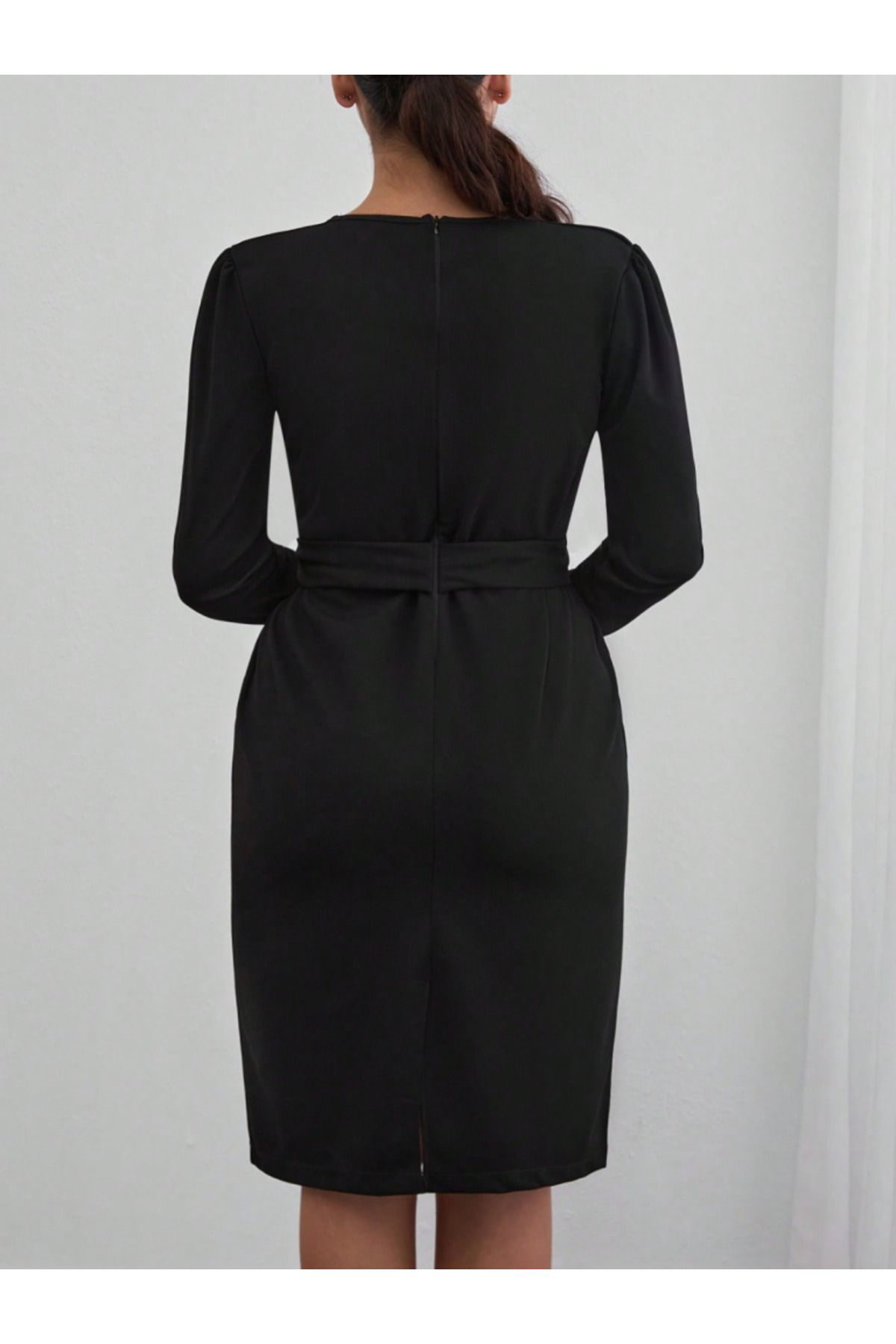 Kadın Uzun Kollu Düğme Detaylı Kendinden Kemerli Ithal Krep Elbis