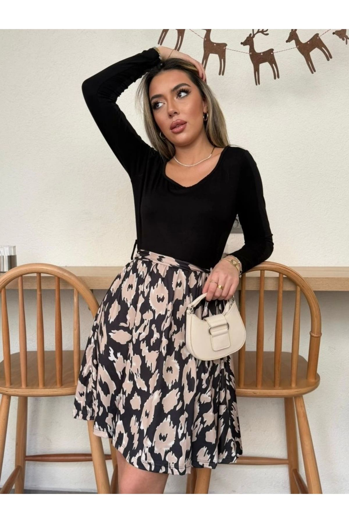 Kadın Uzun Kollu Kare Yaka Viskon Bluz Alt Süprem Baskılı Belden 