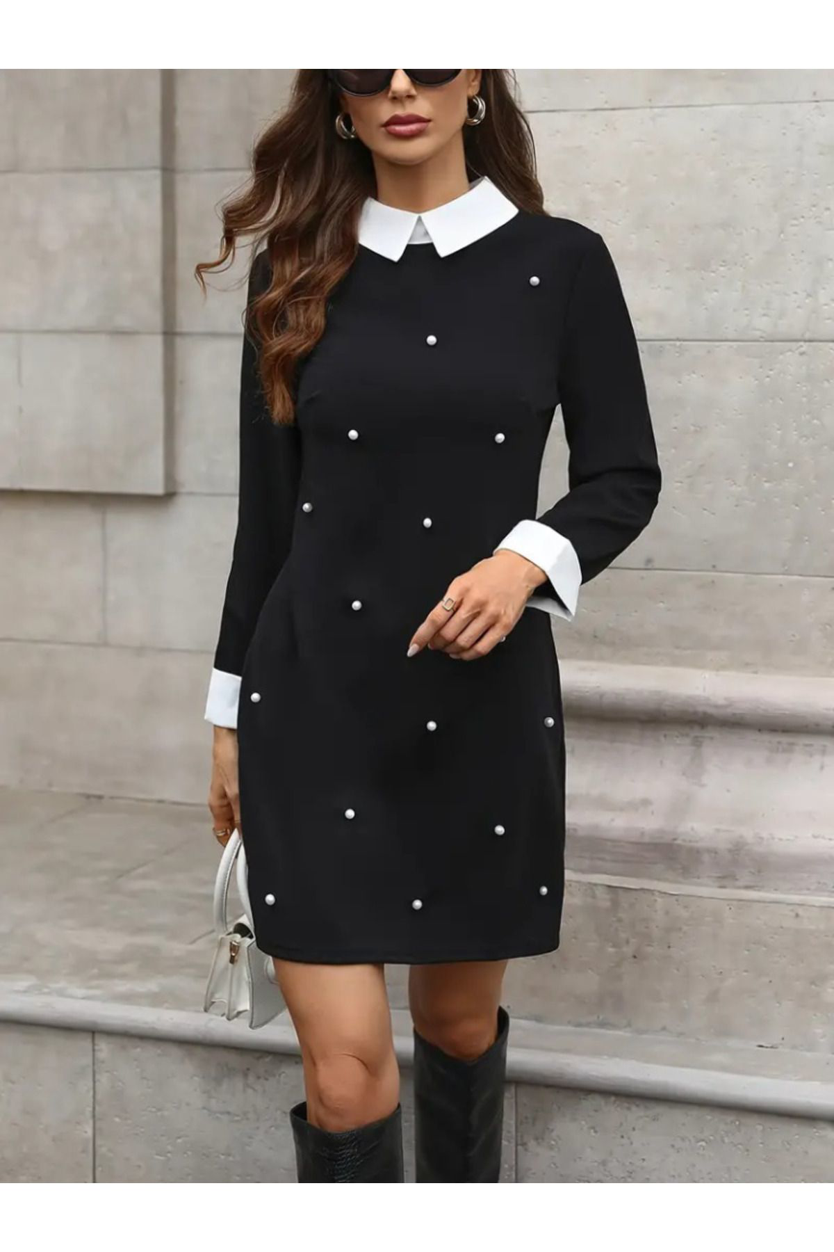 Kadın Uzun Kollu Yakalı Incili Ithal Krep Elbise