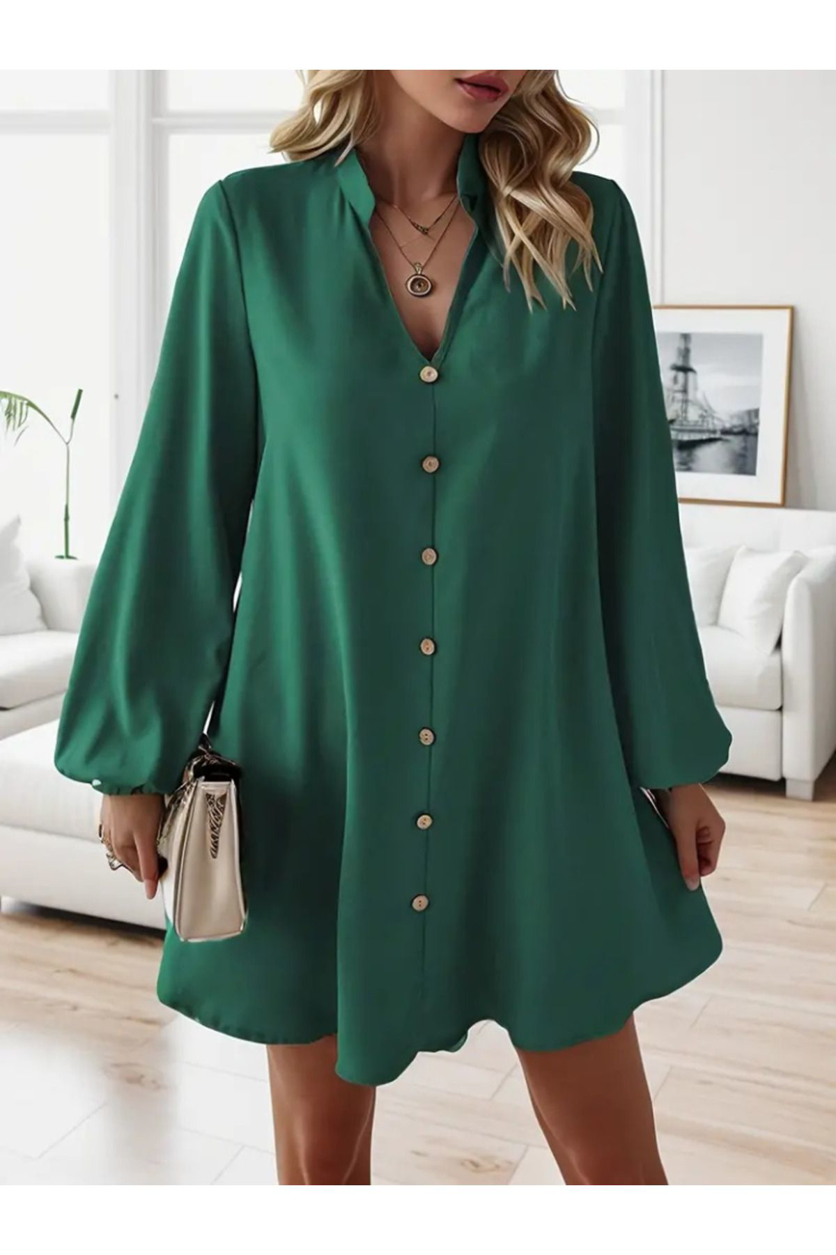 Kadın Uzun Kollu V Yakalı önden Düğmeli Kısa Sandy Elbise