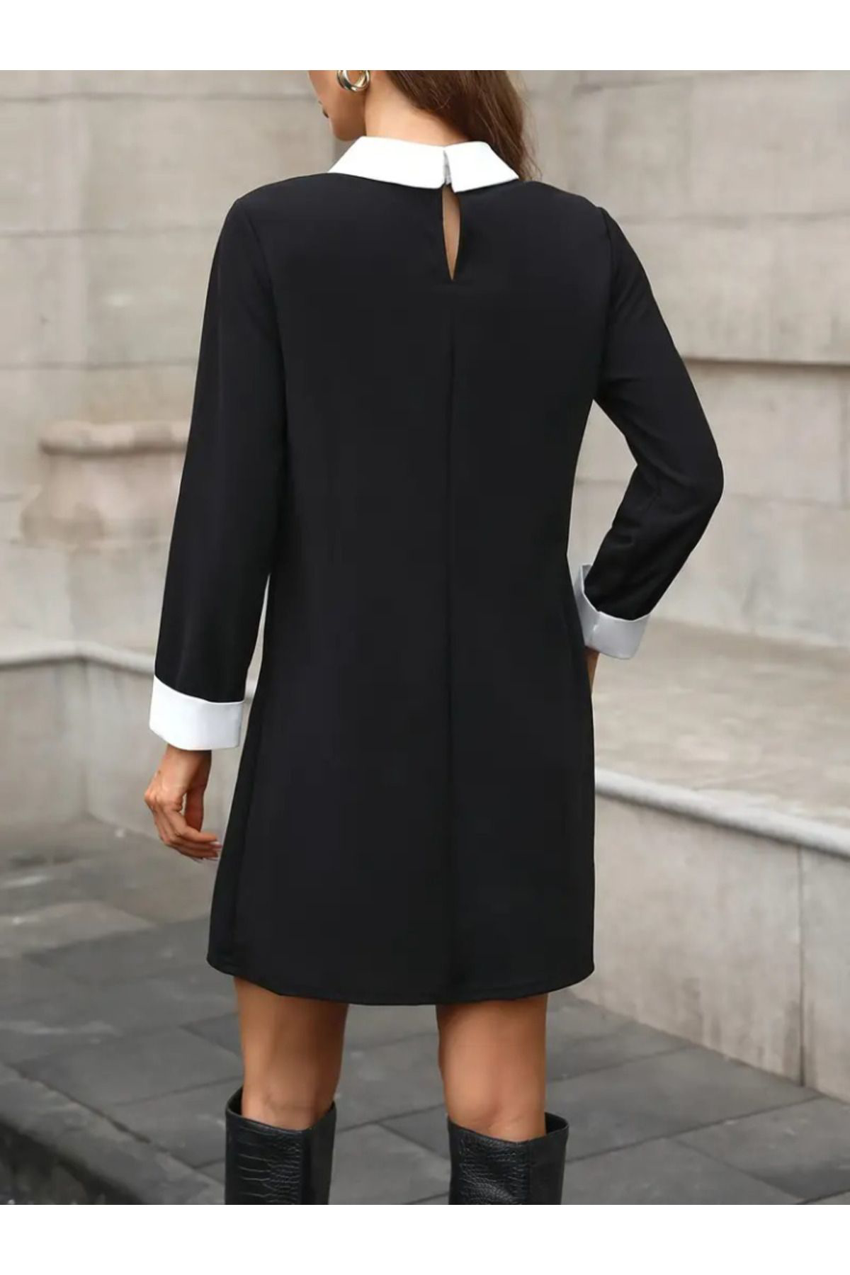 Kadın Uzun Kollu Yakalı Incili Ithal Krep Elbise