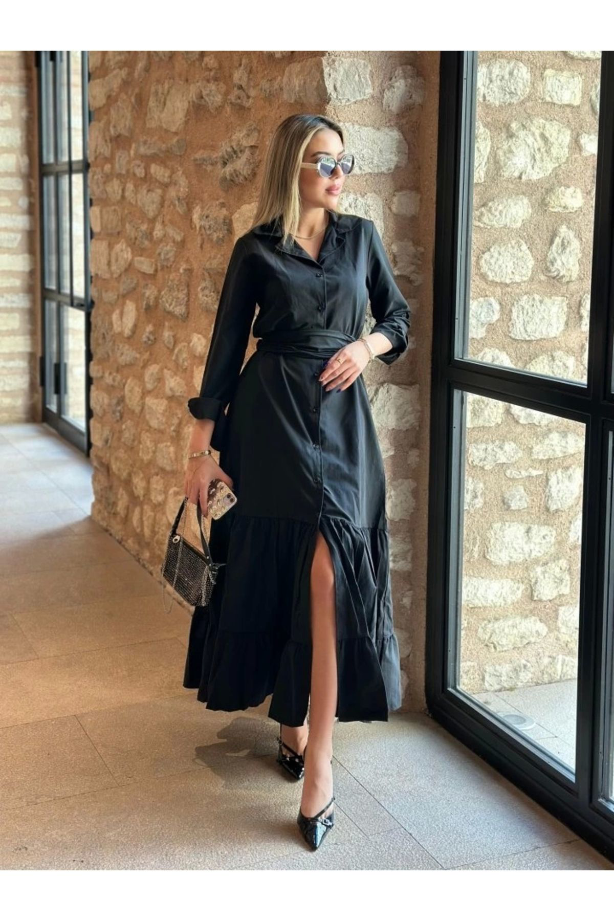 Kadın Uzun Kollu Eteği Fırfırlı Beli Kuşaklı Trikoton Tam Boy Göm