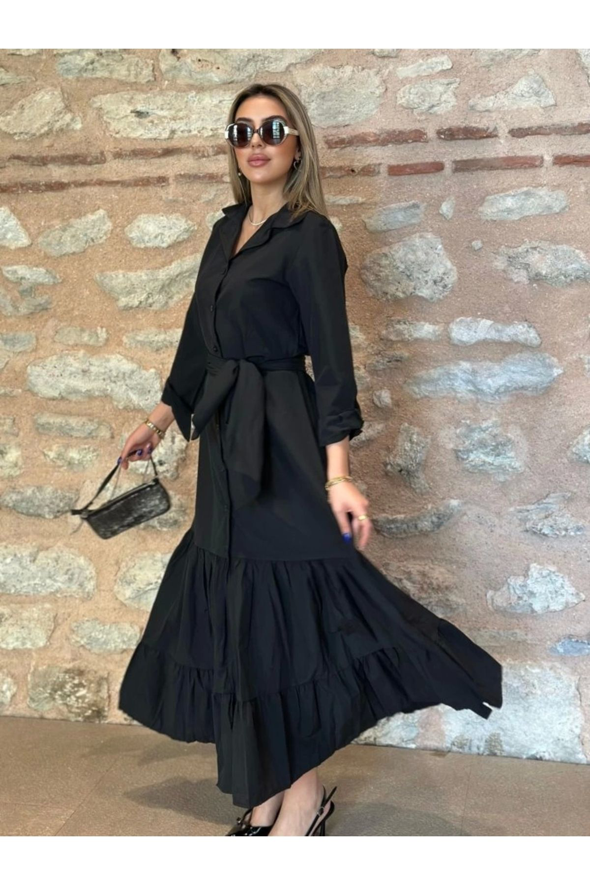 Kadın Uzun Kollu Eteği Fırfırlı Beli Kuşaklı Trikoton Tam Boy Göm