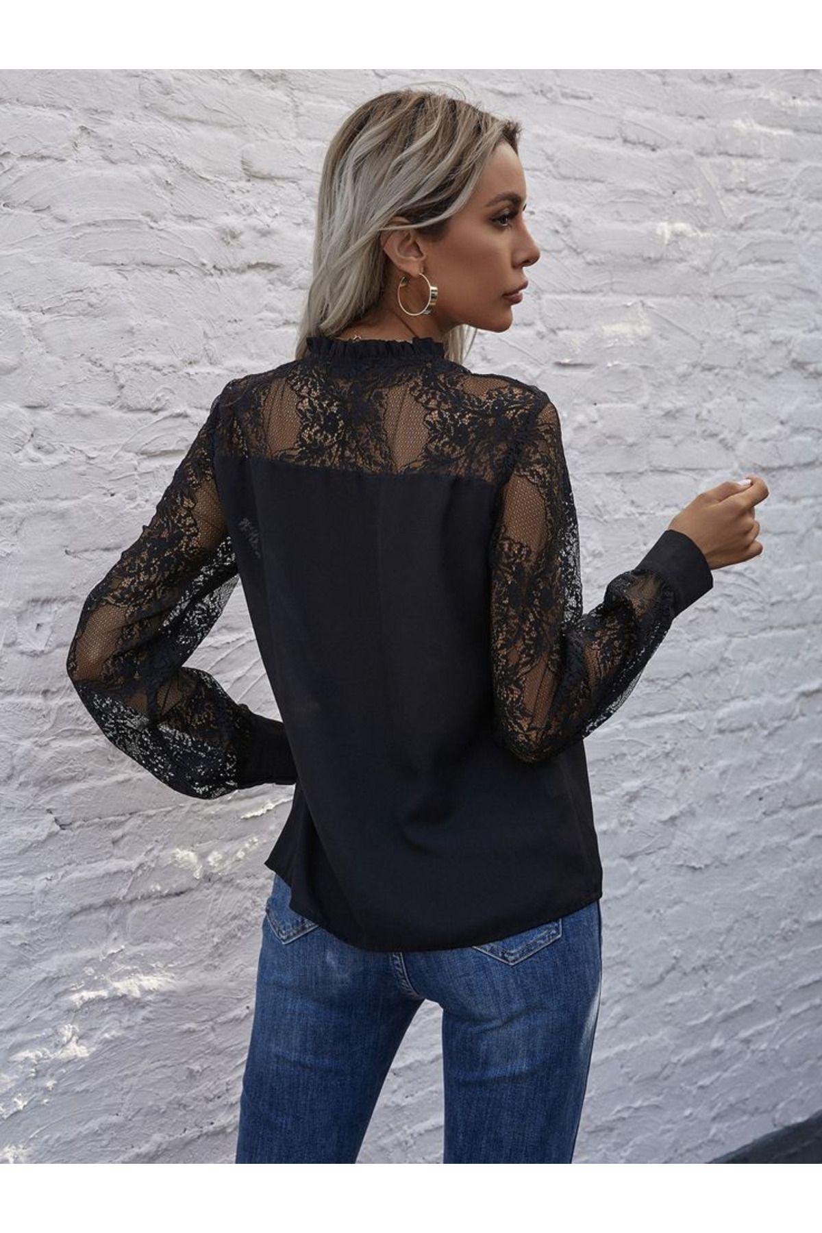 Creis Kadın Uzun Kollu Yakadan Bağcıklı Dantel Detaylı İthal Krep Bluz