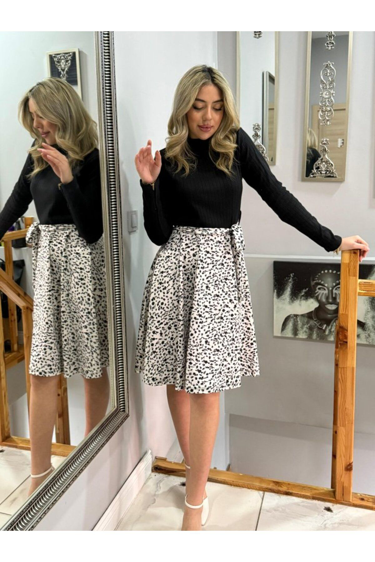 Kadın Uzun Kollu Balıkçı Yaka Belden Bağlamalı üst Kaşkorse Eteği